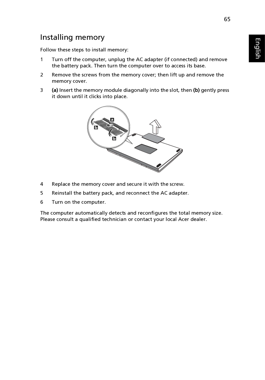 Acer MS2180, 3640 manual Installing memory 