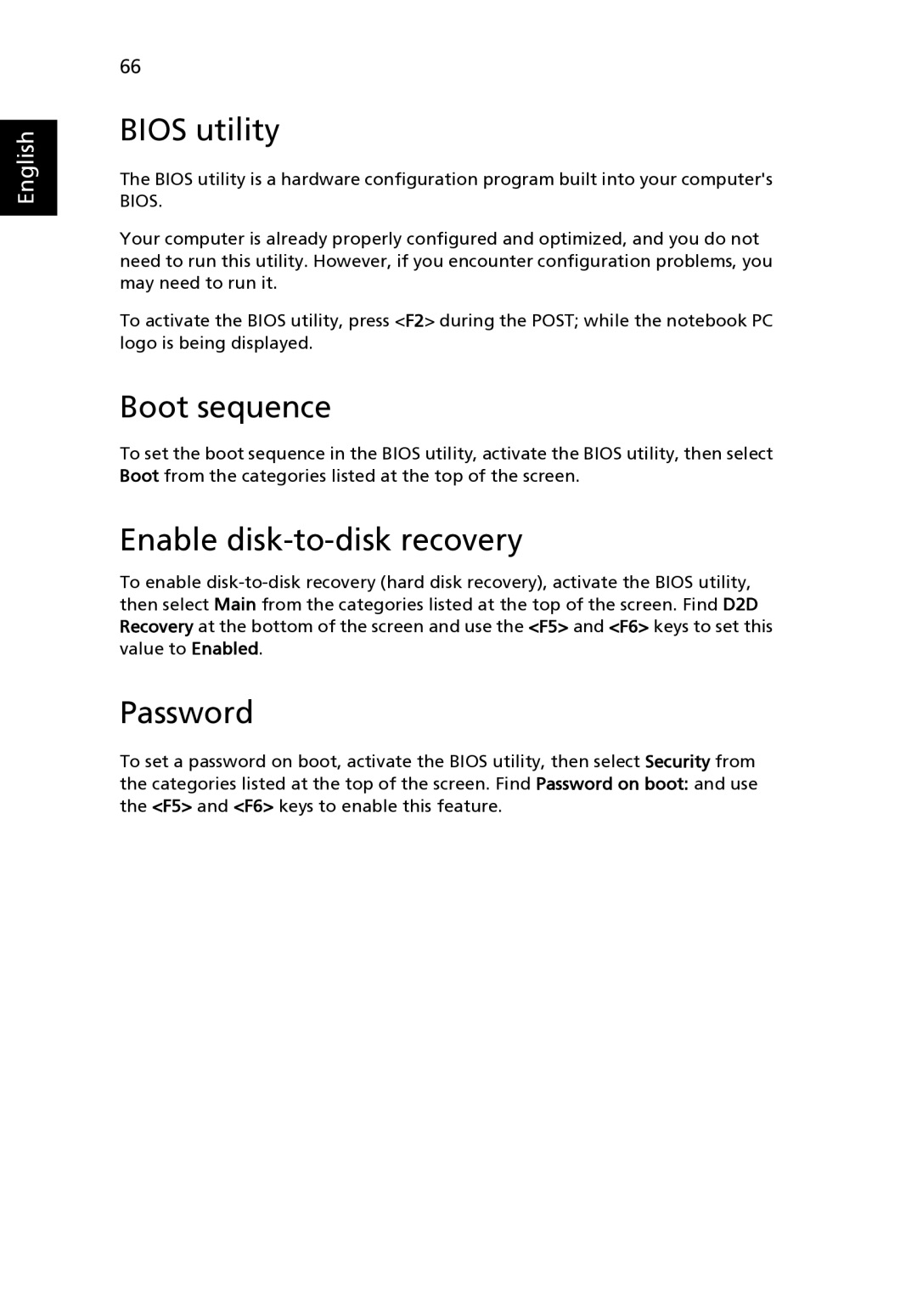 Acer 3640, MS2180 manual Bios utility, Boot sequence, Enable disk-to-disk recovery, Password 