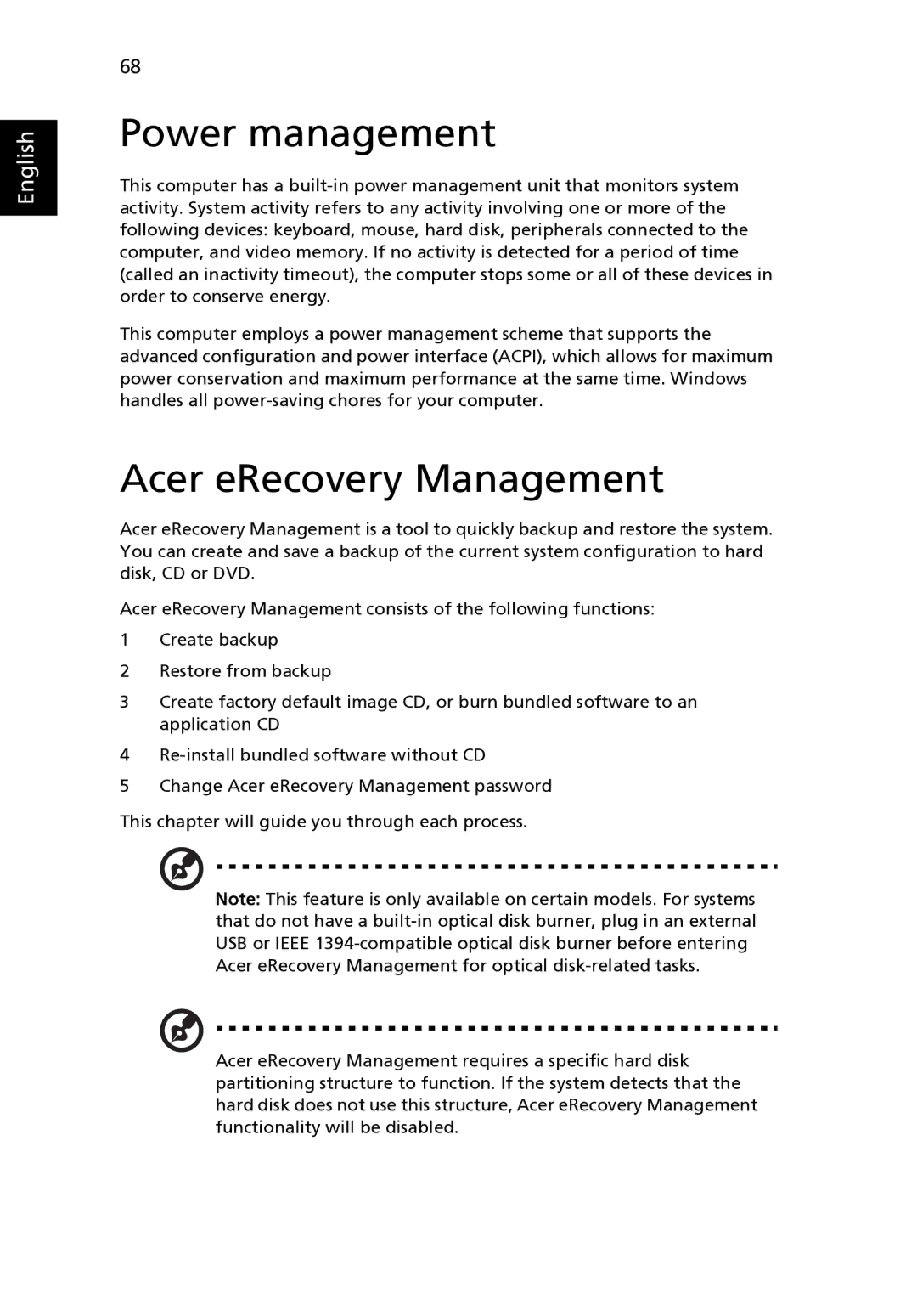 Acer 3640, MS2180 manual Power management, Acer eRecovery Management 