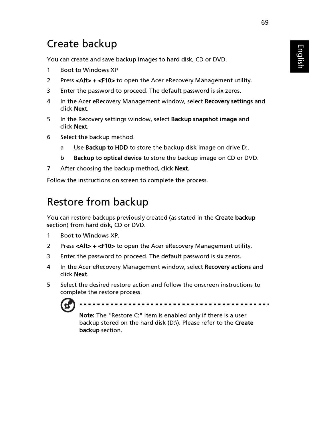 Acer MS2180, 3640 manual Create backup, Restore from backup 