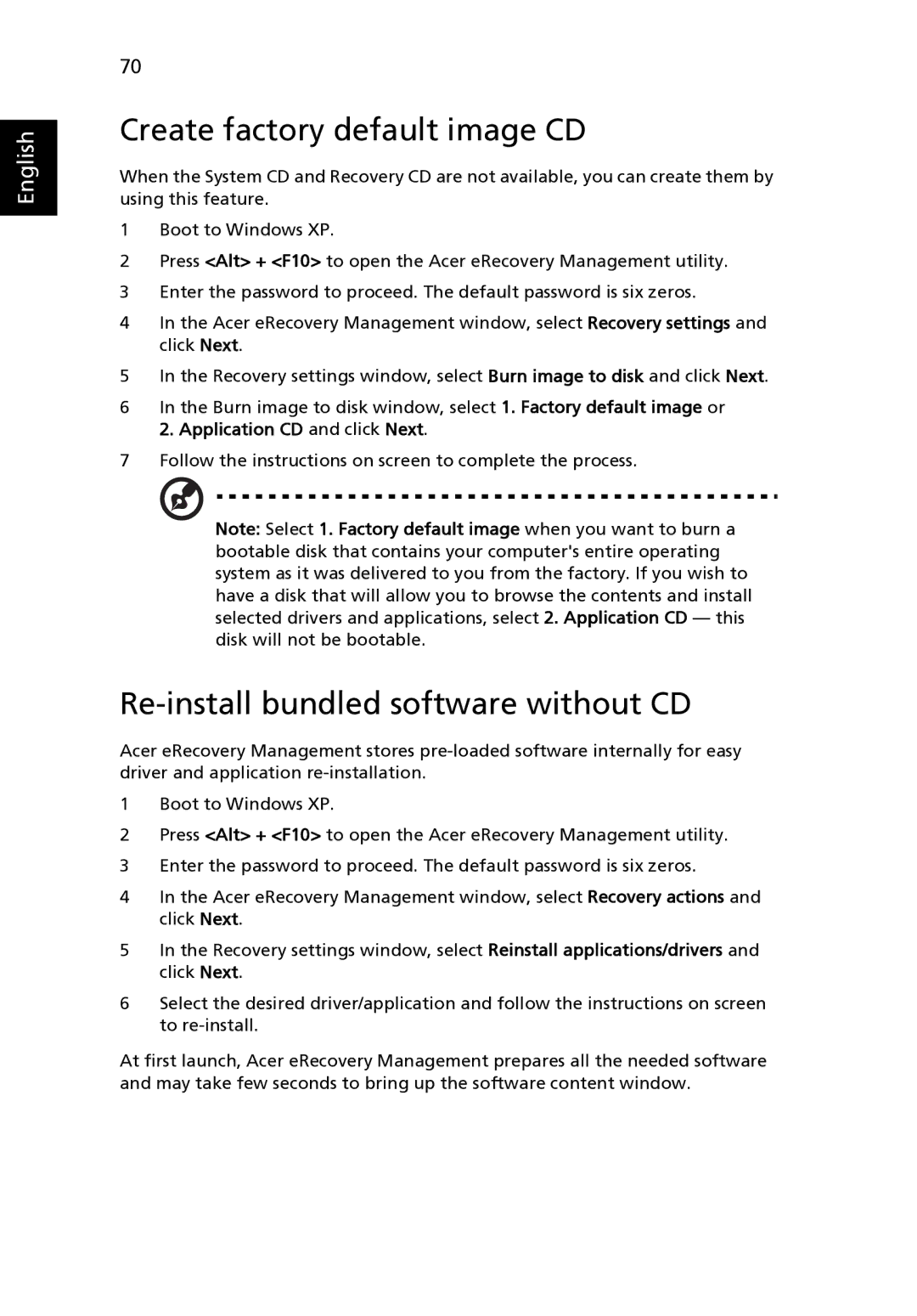 Acer 3640, MS2180 manual Create factory default image CD, Re-install bundled software without CD 