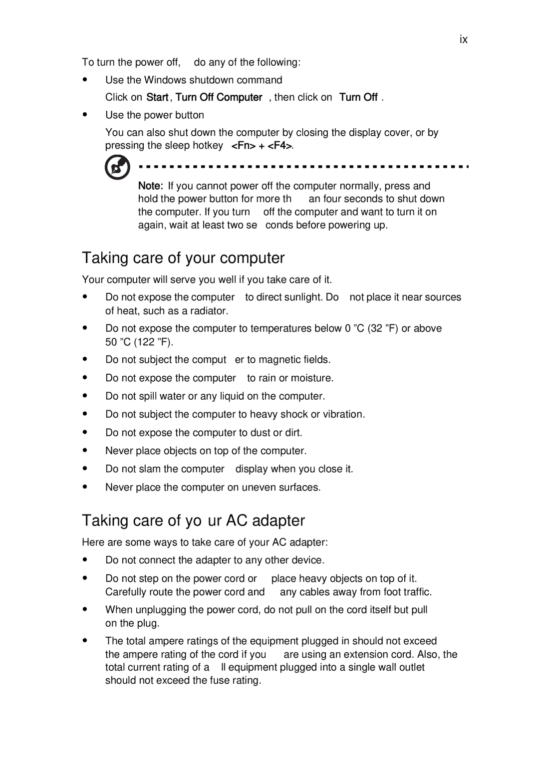 Acer MS2180, 3640 manual Taking care of your computer, Taking care of your AC adapter 