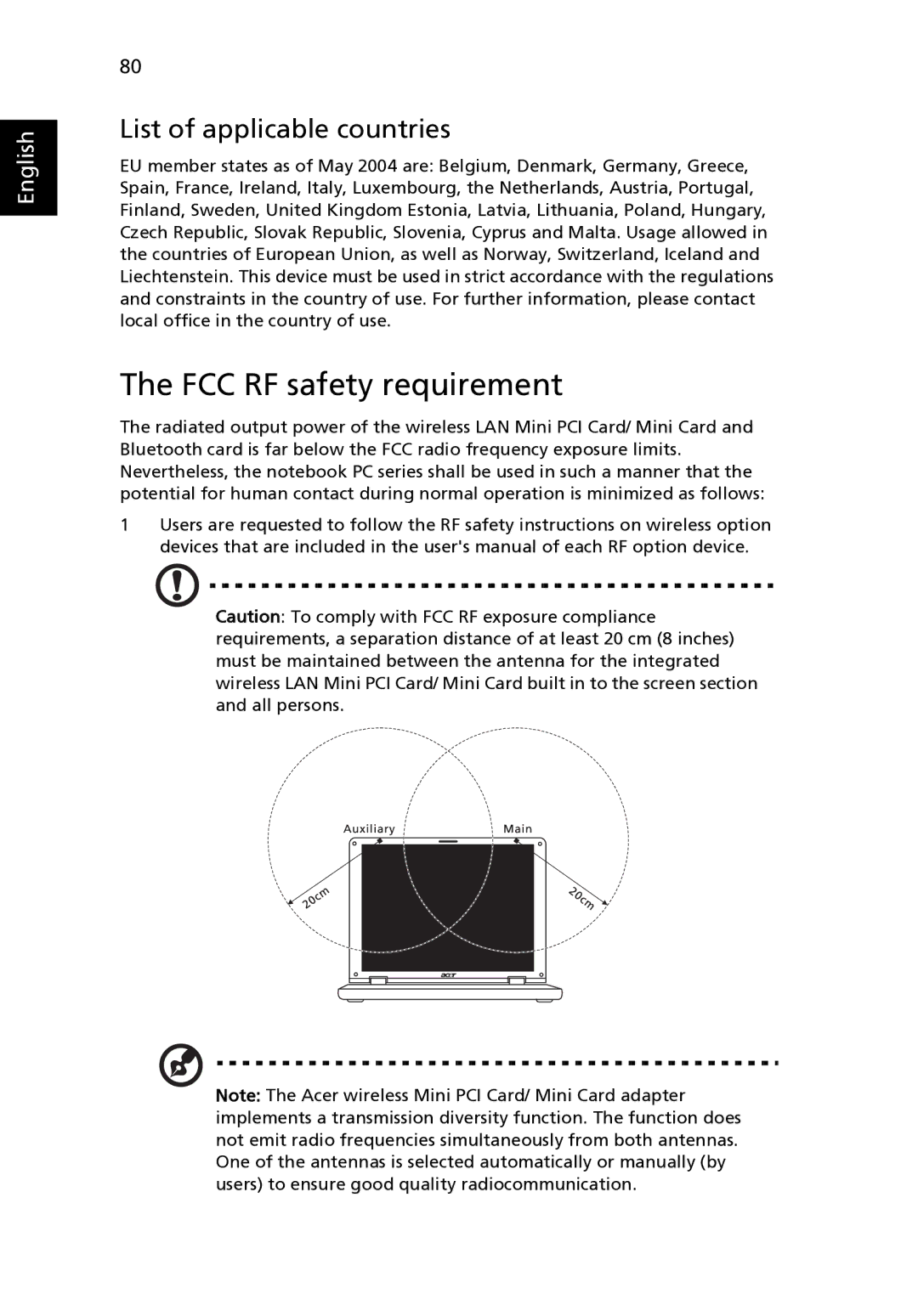 Acer 3640, MS2180 manual FCC RF safety requirement, List of applicable countries 