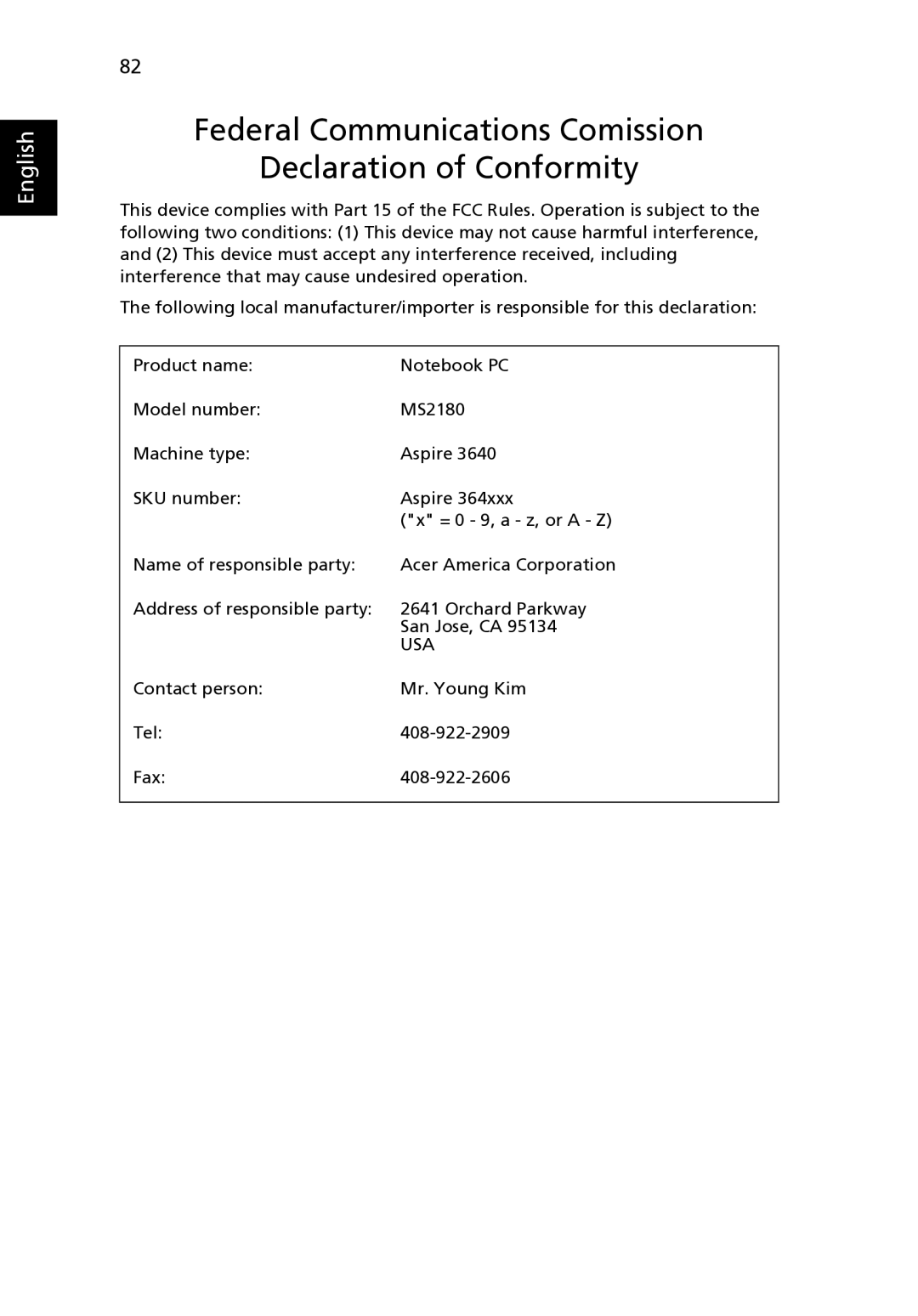 Acer 3640, MS2180 manual Federal Communications Comission Declaration of Conformity 