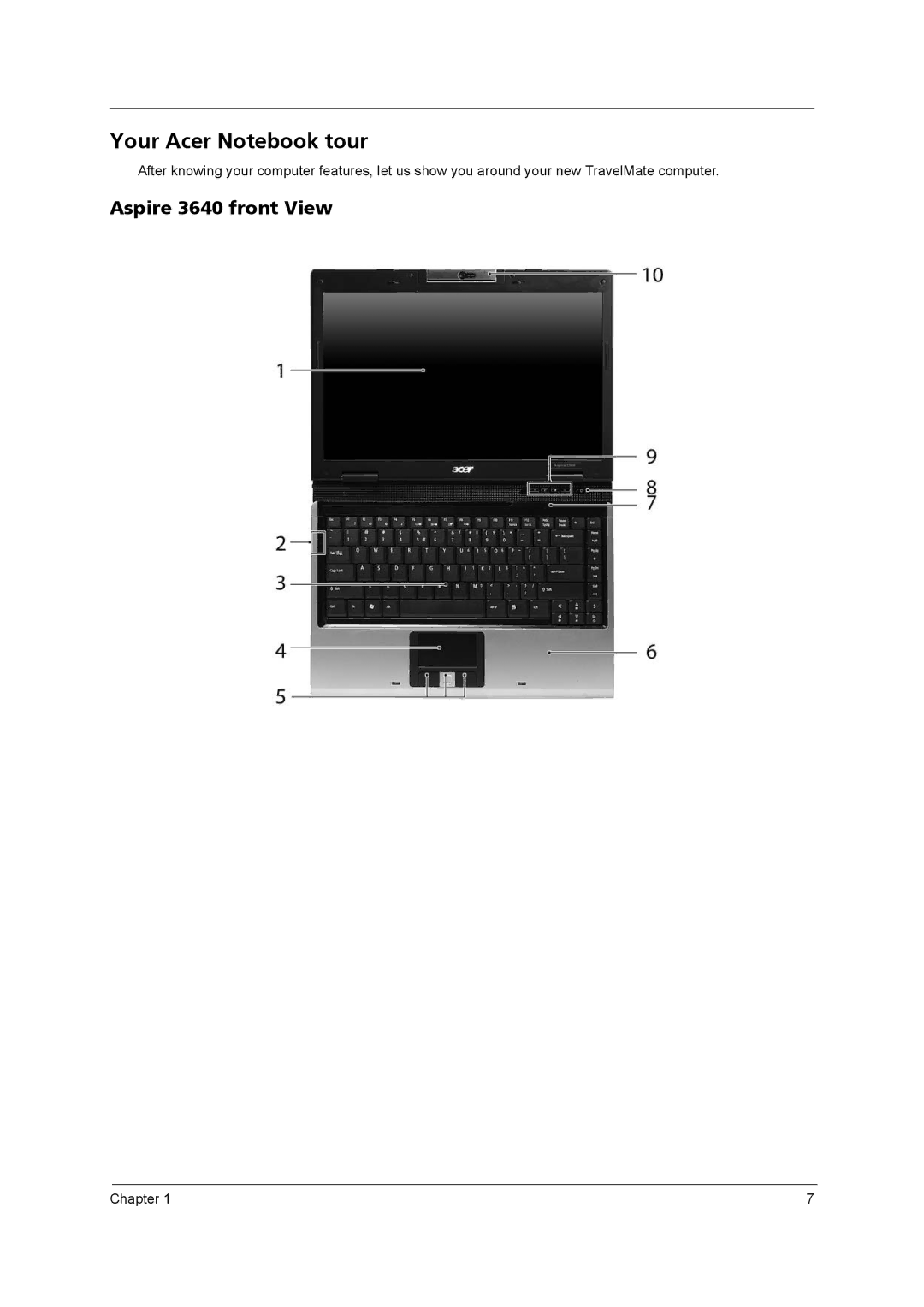 Acer manual Your Acer Notebook tour, Aspire 3640 front View 