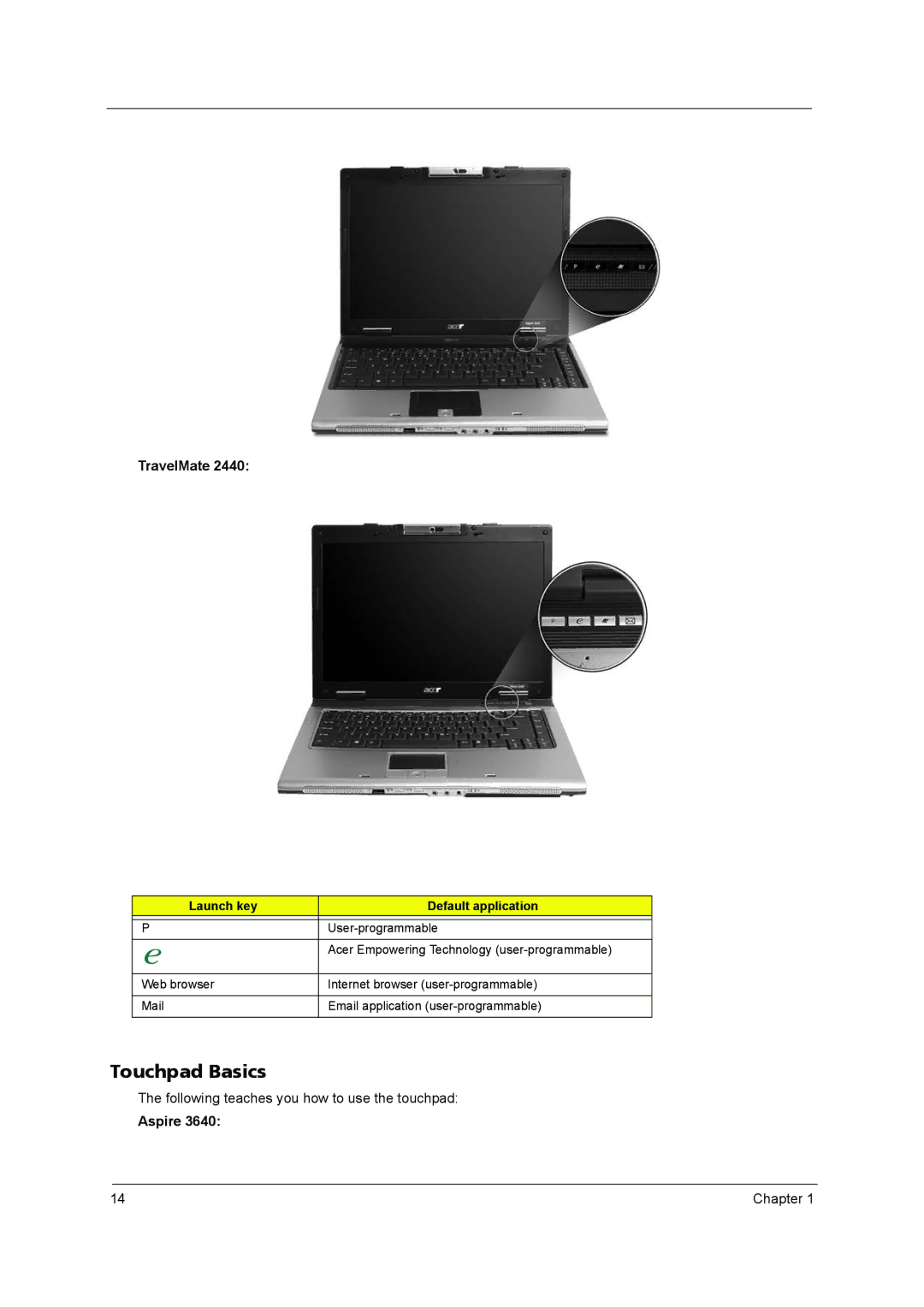 Acer 3640 manual Touchpad Basics, Launch key Default application 