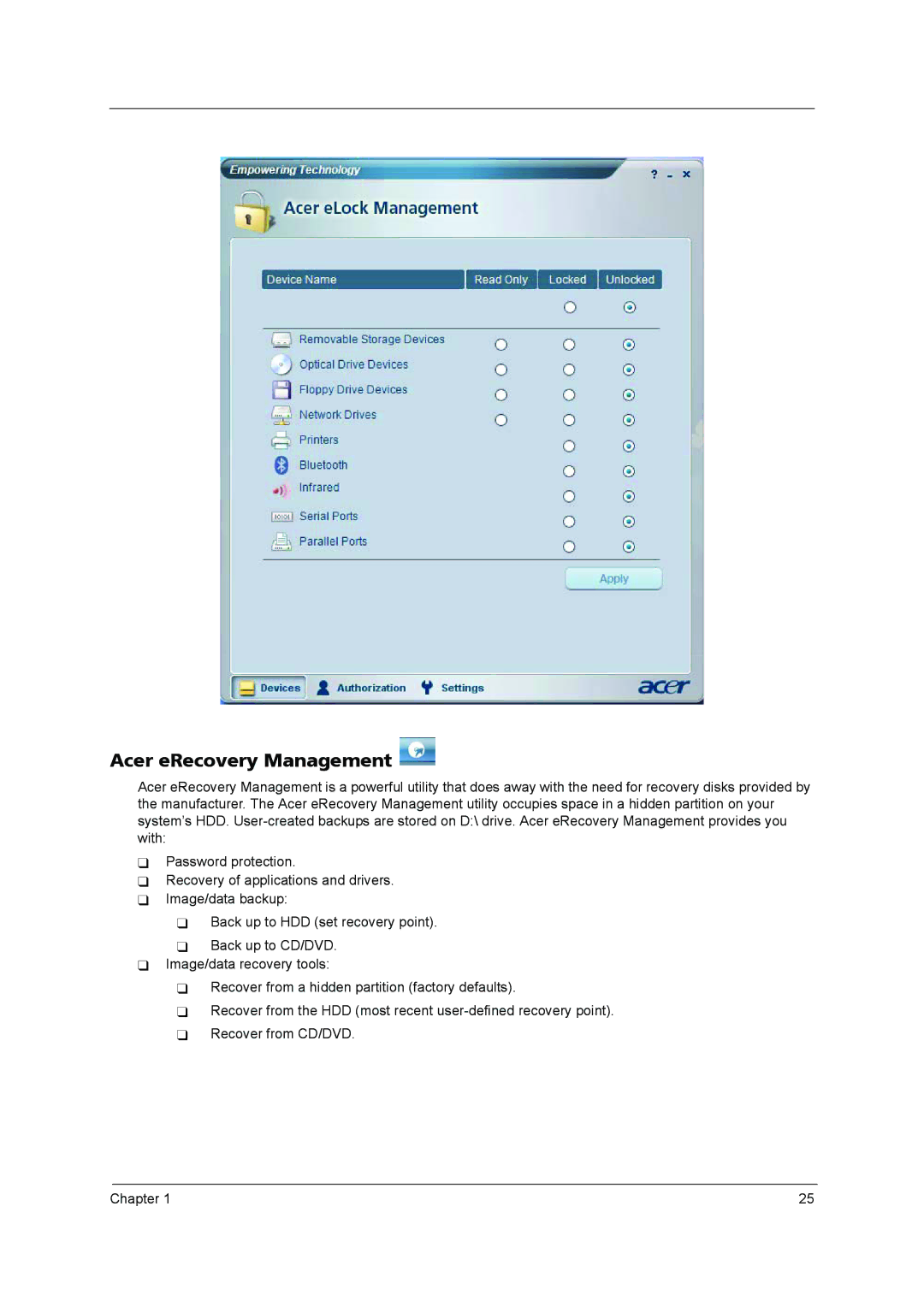 Acer 3640 manual Acer eRecovery Management 