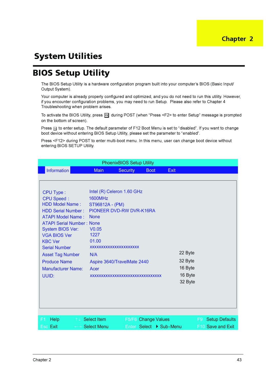 Acer 3640 manual System Utilities Bios Setup Utility, Main Security Boot Exit 