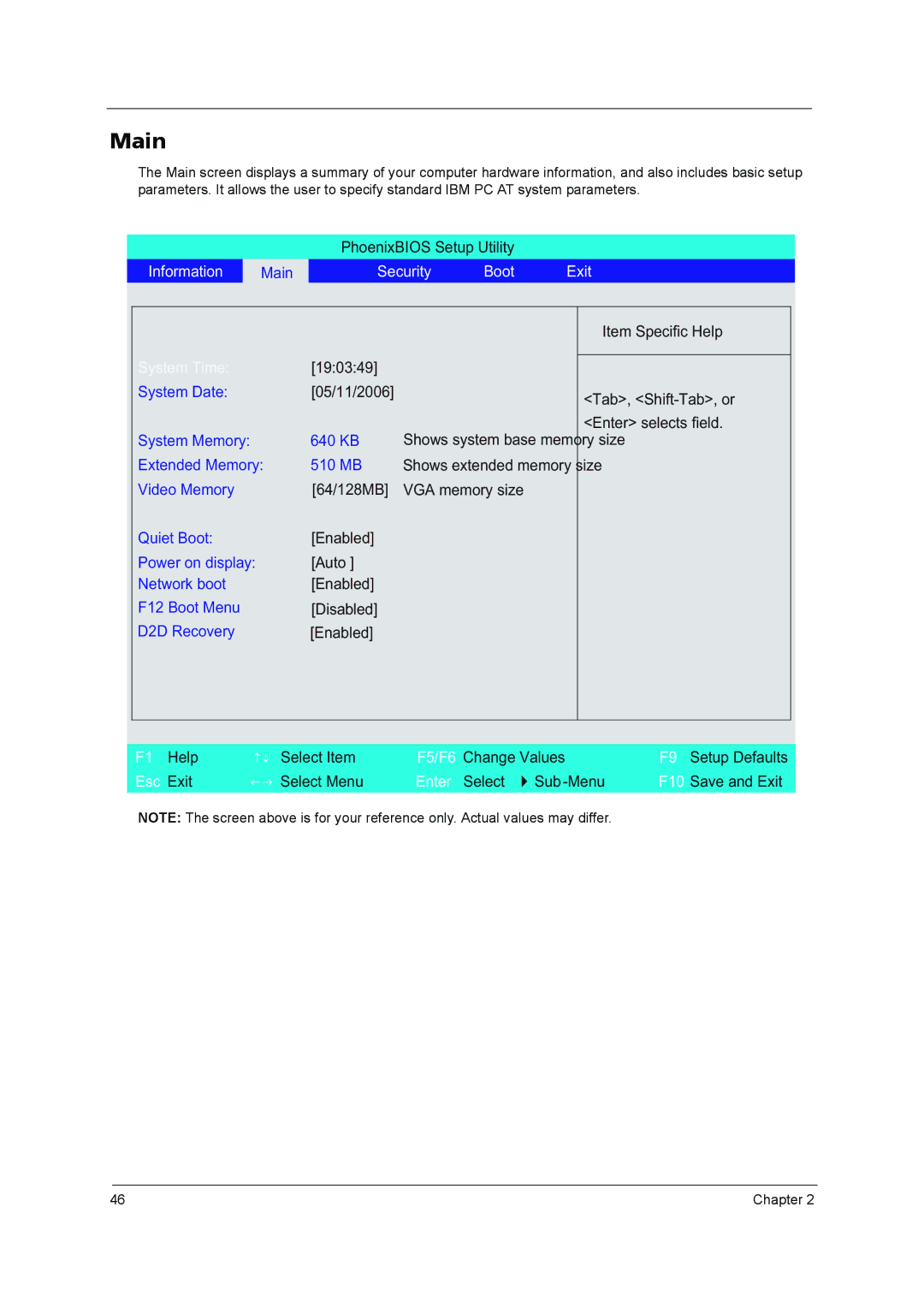 Acer 3640 manual Main, System Time 