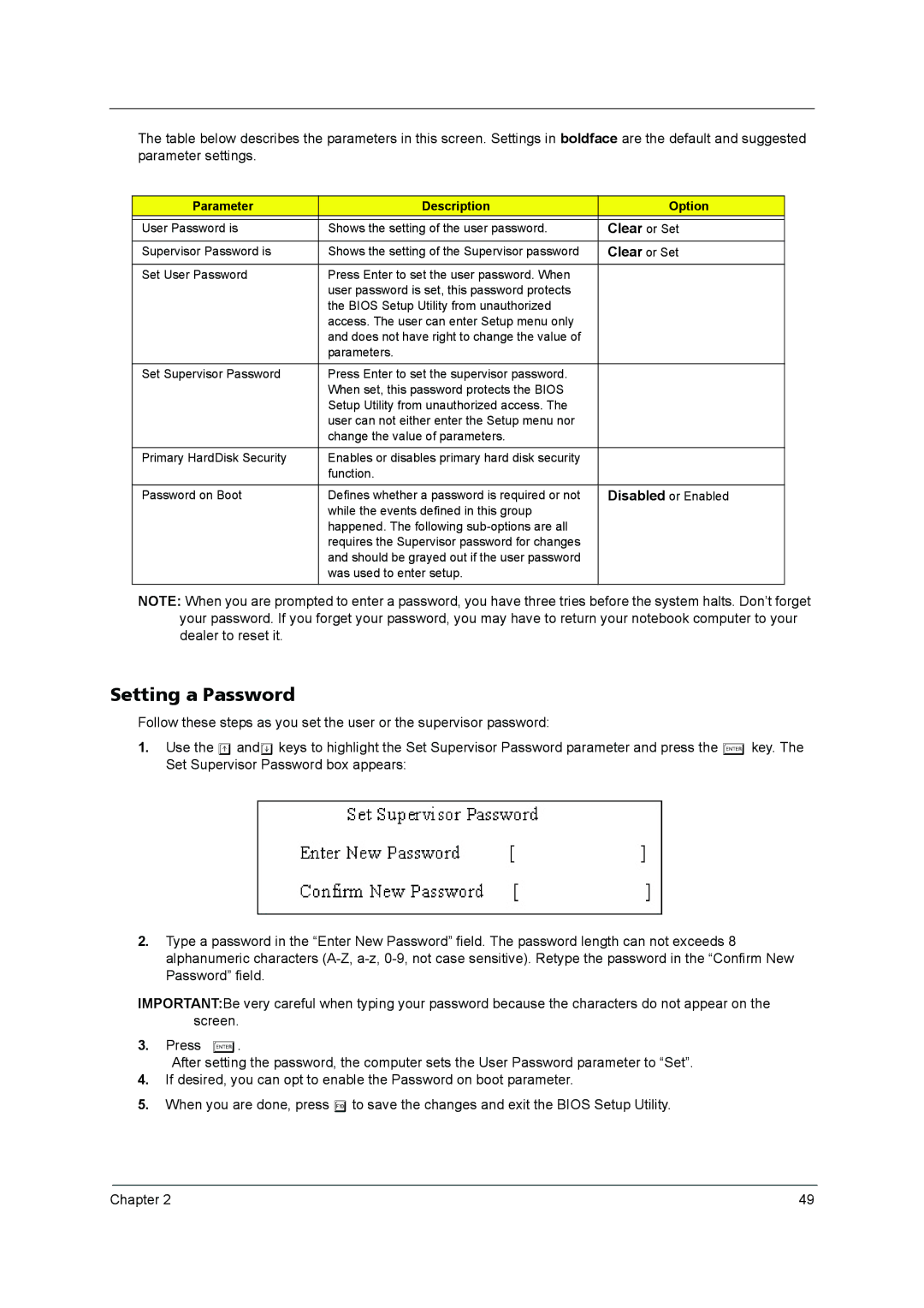 Acer 3640 manual Setting a Password, Clear or Set, Parameter Description Option 