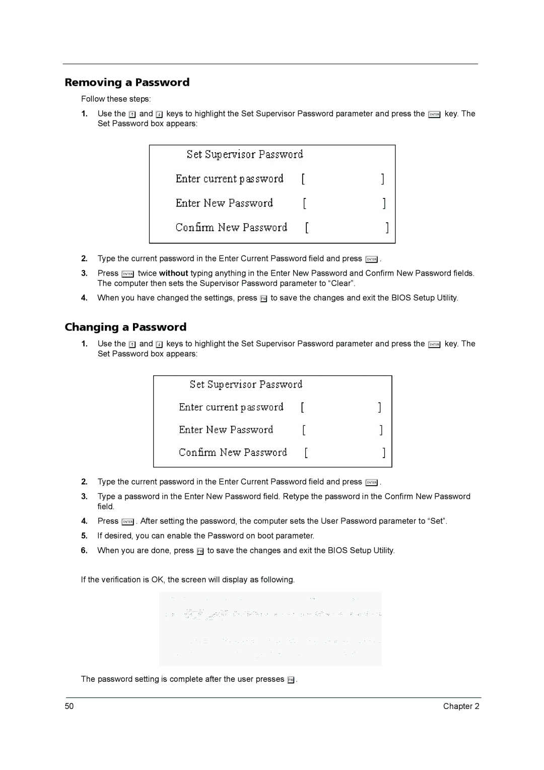 Acer 3640 manual Removing a Password, Changing a Password 