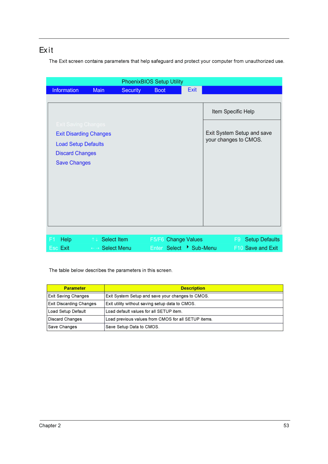 Acer 3640 manual Exit, Information Main Security Boot 