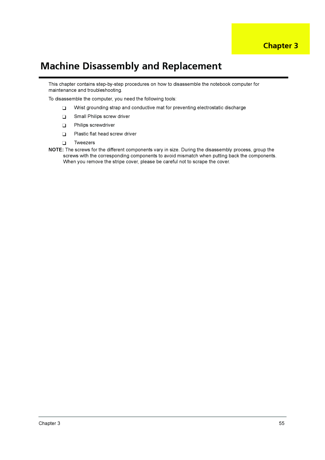 Acer 3640 manual Machine Disassembly and Replacement, Chapter 