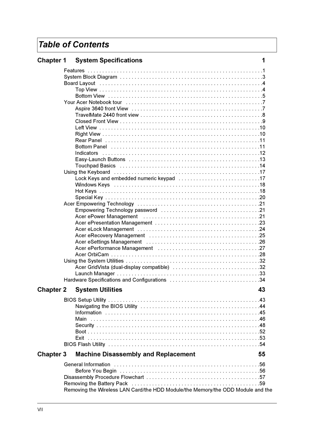 Acer 3640 manual Table of Contents 