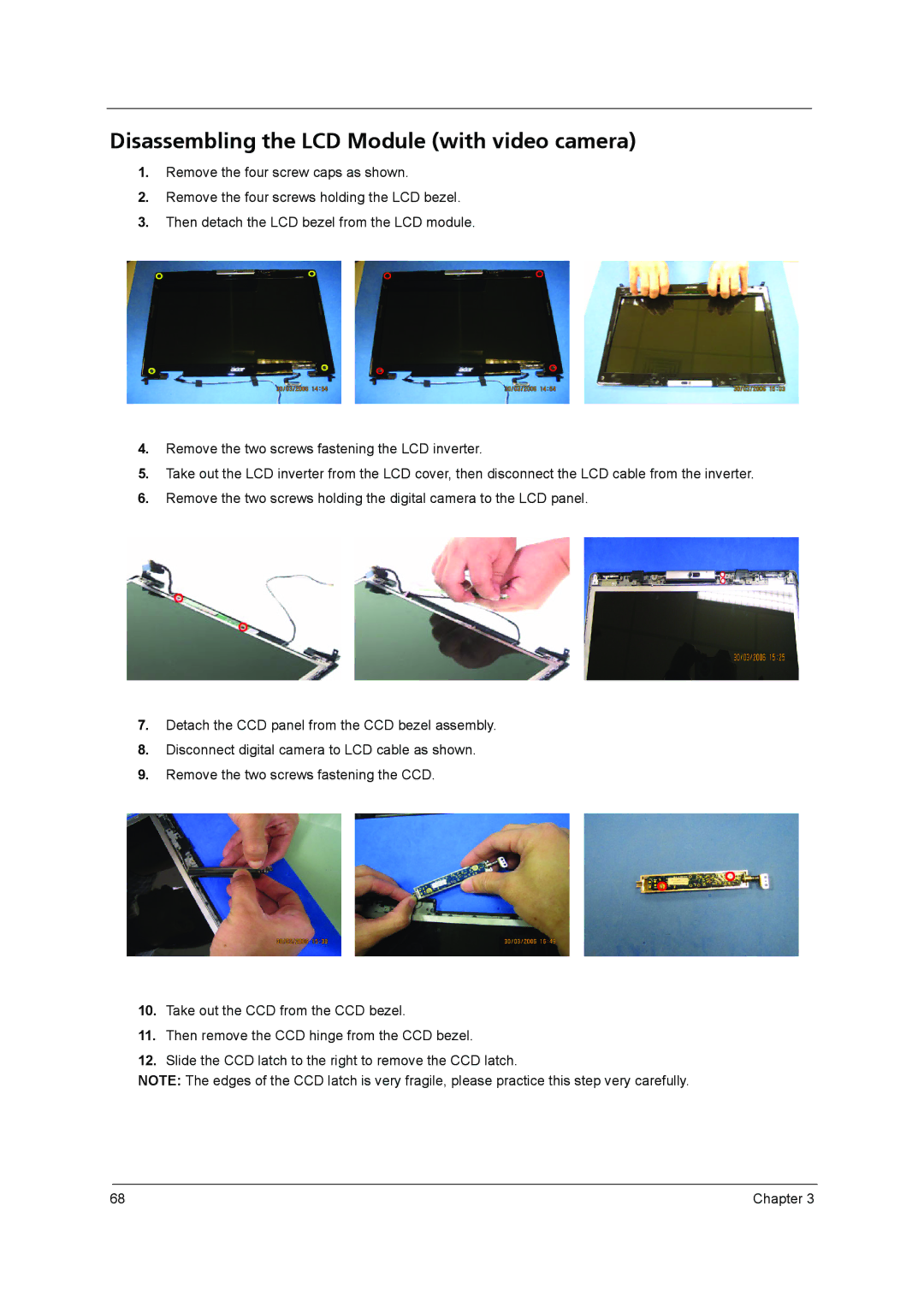 Acer 3640 manual Disassembling the LCD Module with video camera 