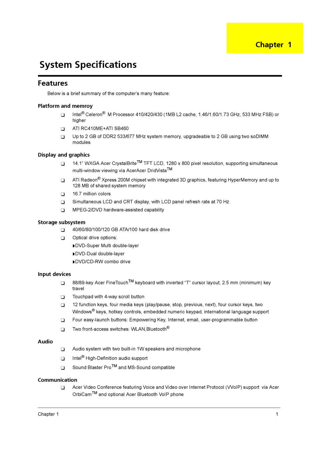 Acer 3640 manual System Specifications, Chapter, Features 