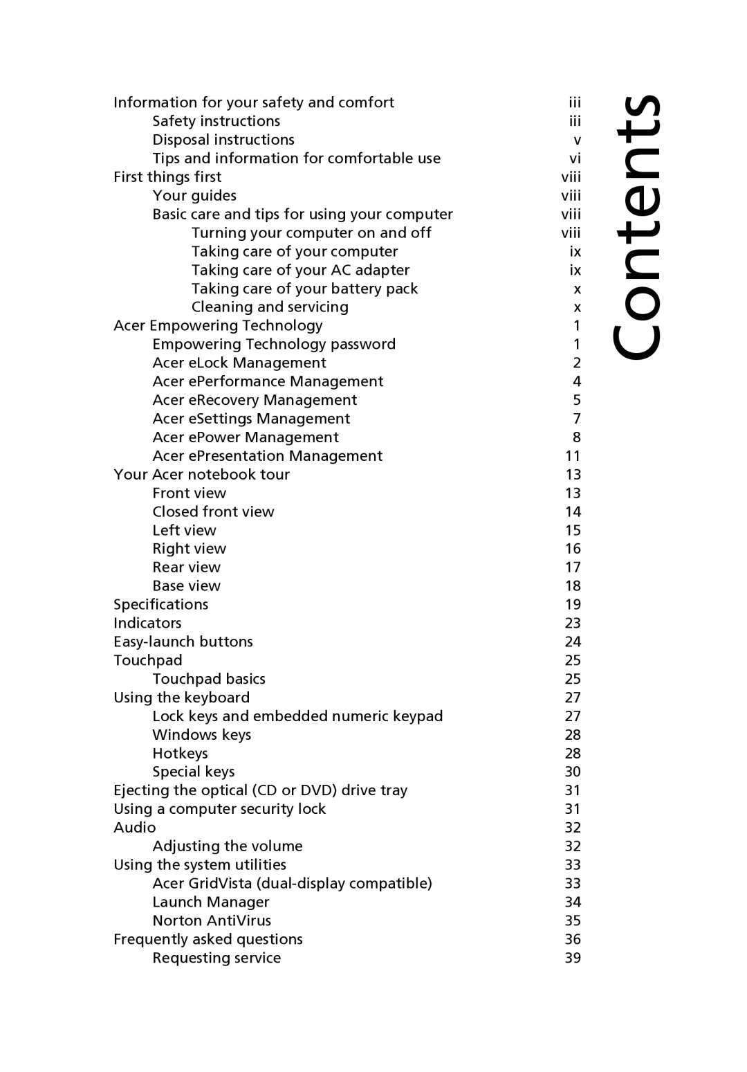 Acer 3650 manual Contents 