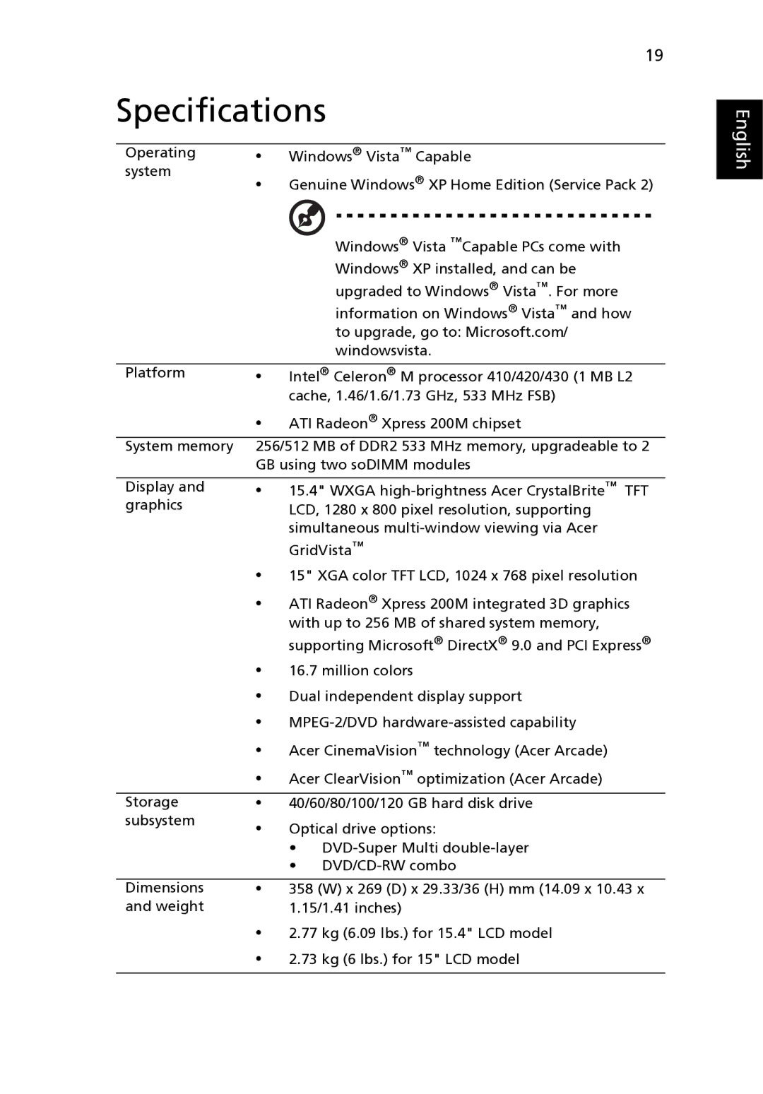 Acer 3650 manual Specifications 