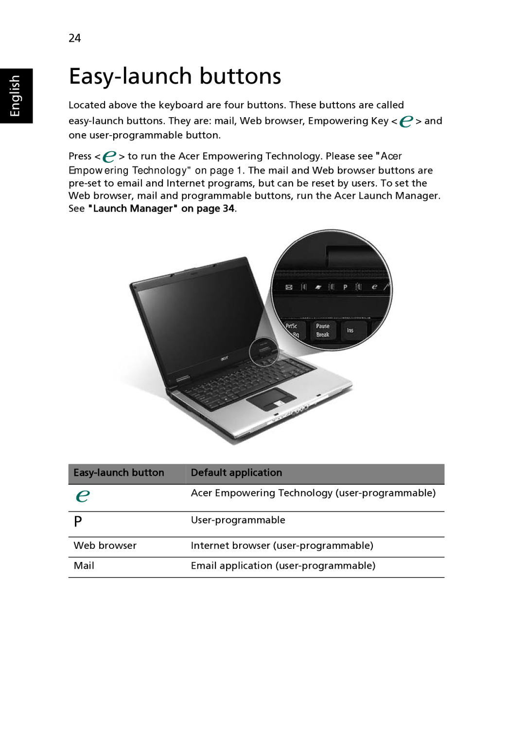 Acer 3650 manual Easy-launch buttons, Easy-launch button Default application 