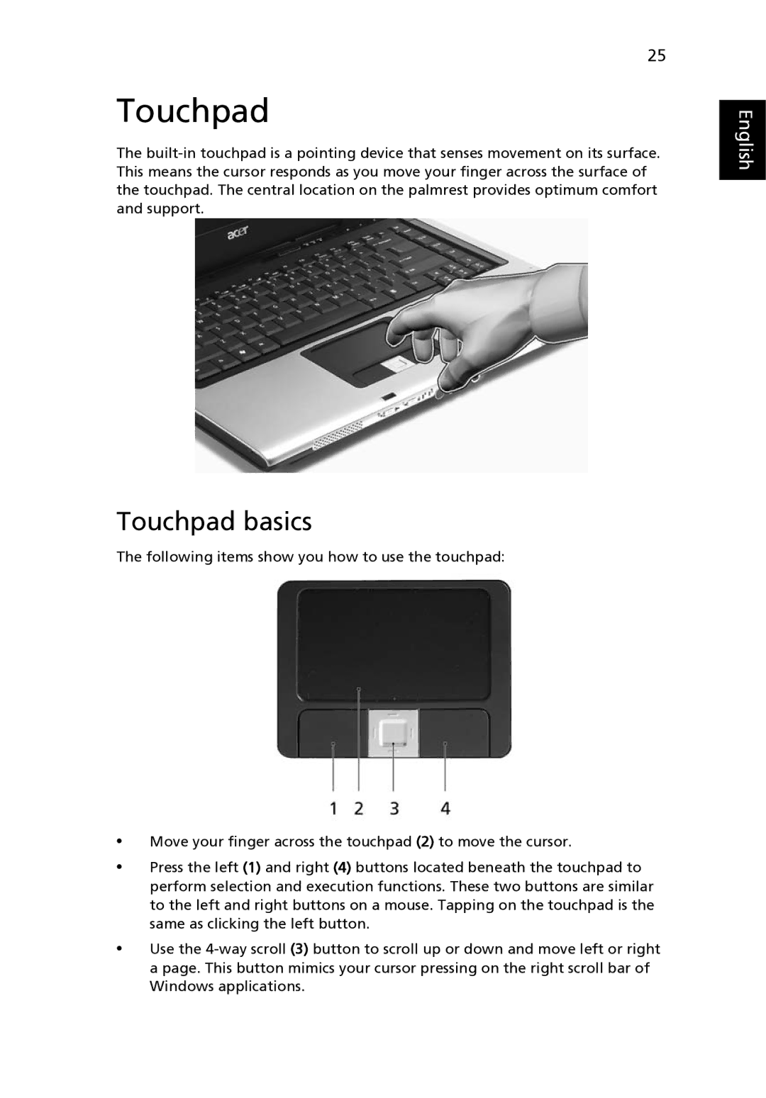 Acer 3650 manual Touchpad basics 