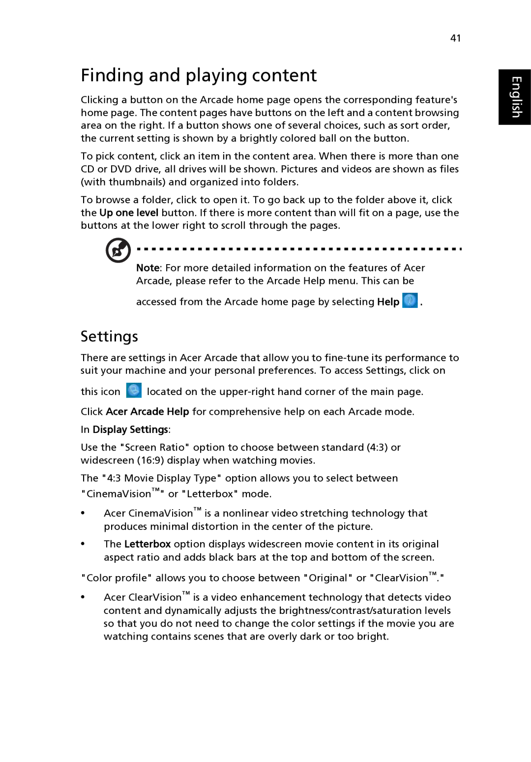 Acer 3650 manual Finding and playing content, Display Settings 