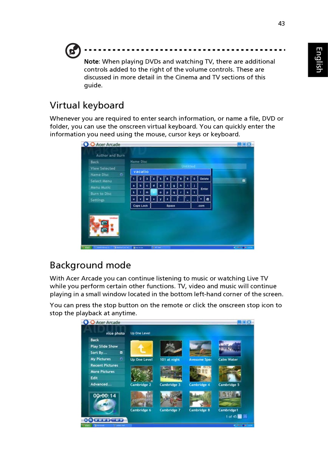 Acer 3650 manual Virtual keyboard, Background mode 