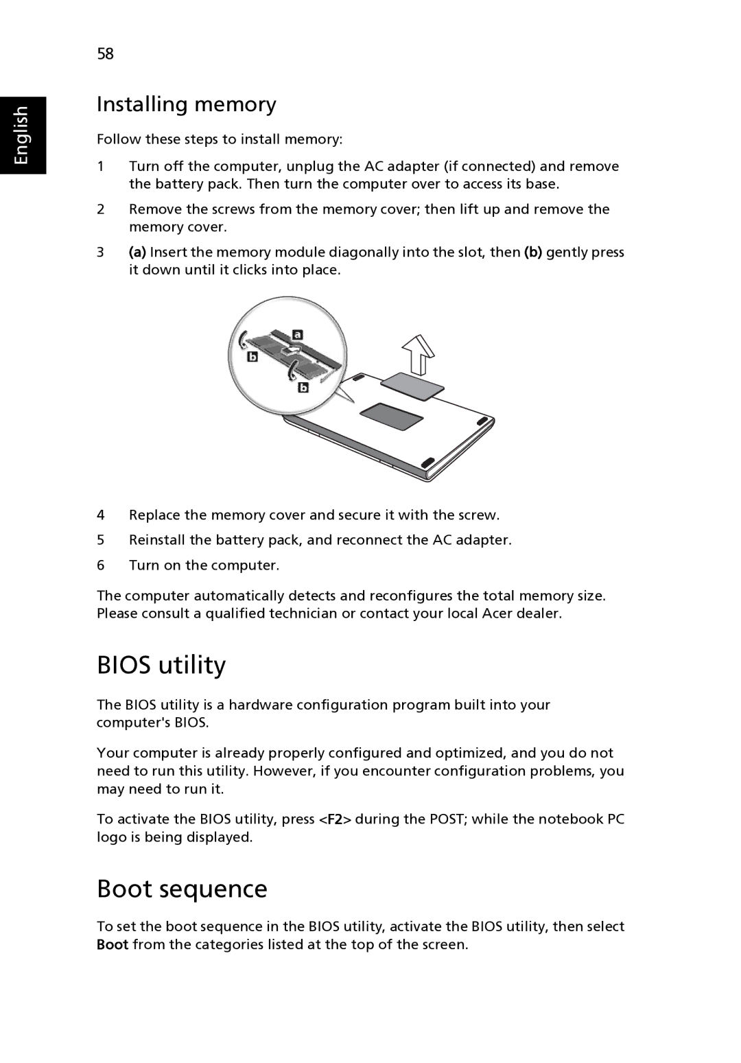 Acer 3650 manual Bios utility, Boot sequence, Installing memory 