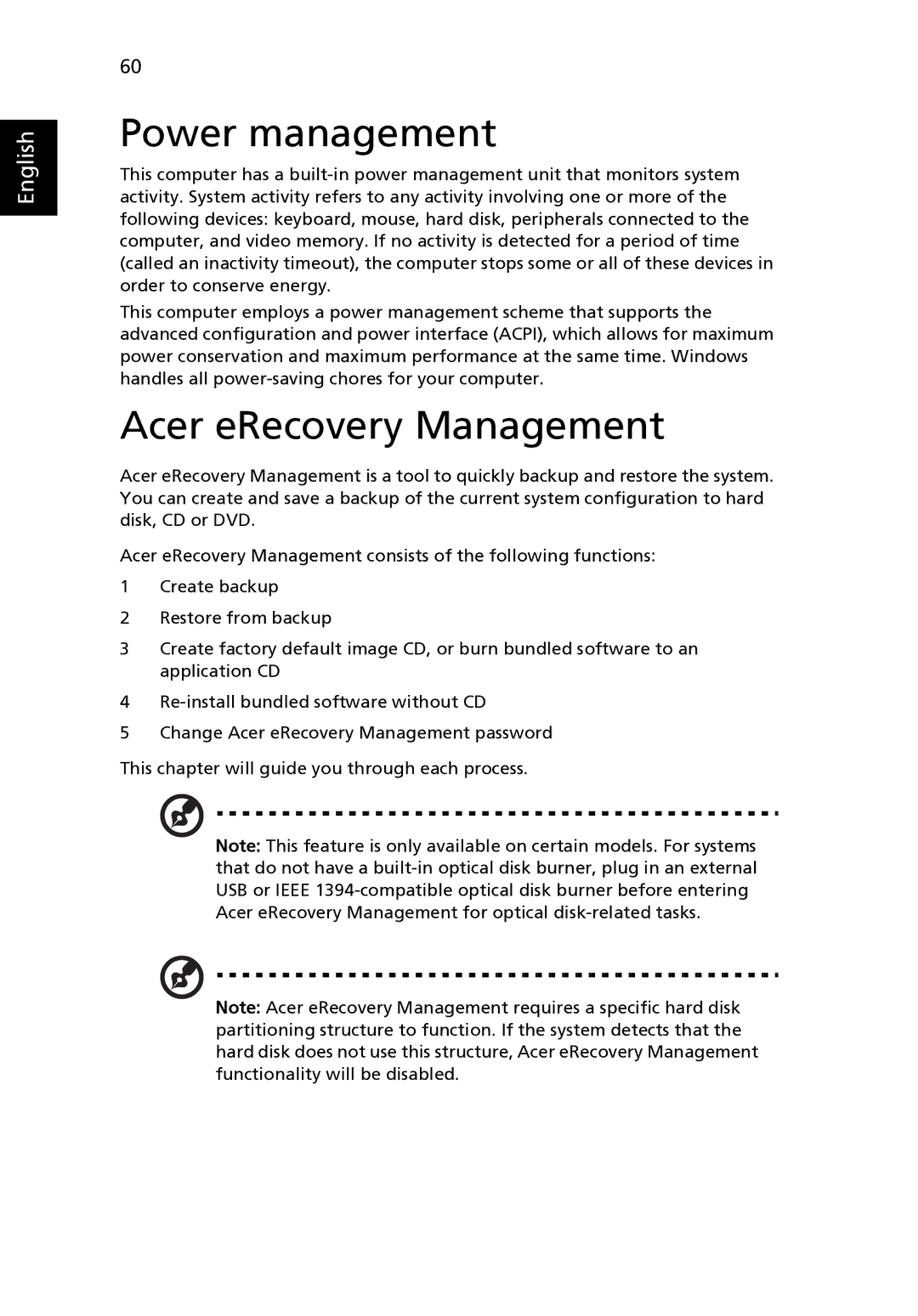 Acer 3650 manual Power management, Acer eRecovery Management 