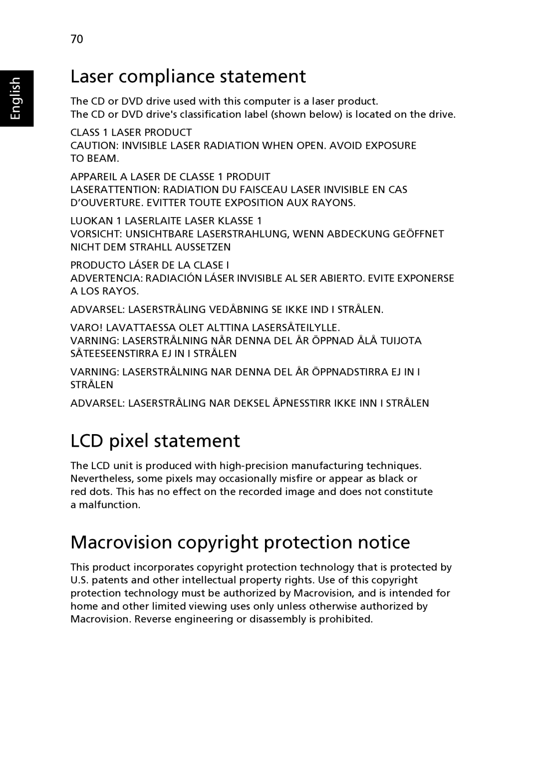 Acer 3650 manual Laser compliance statement, LCD pixel statement, Macrovision copyright protection notice 