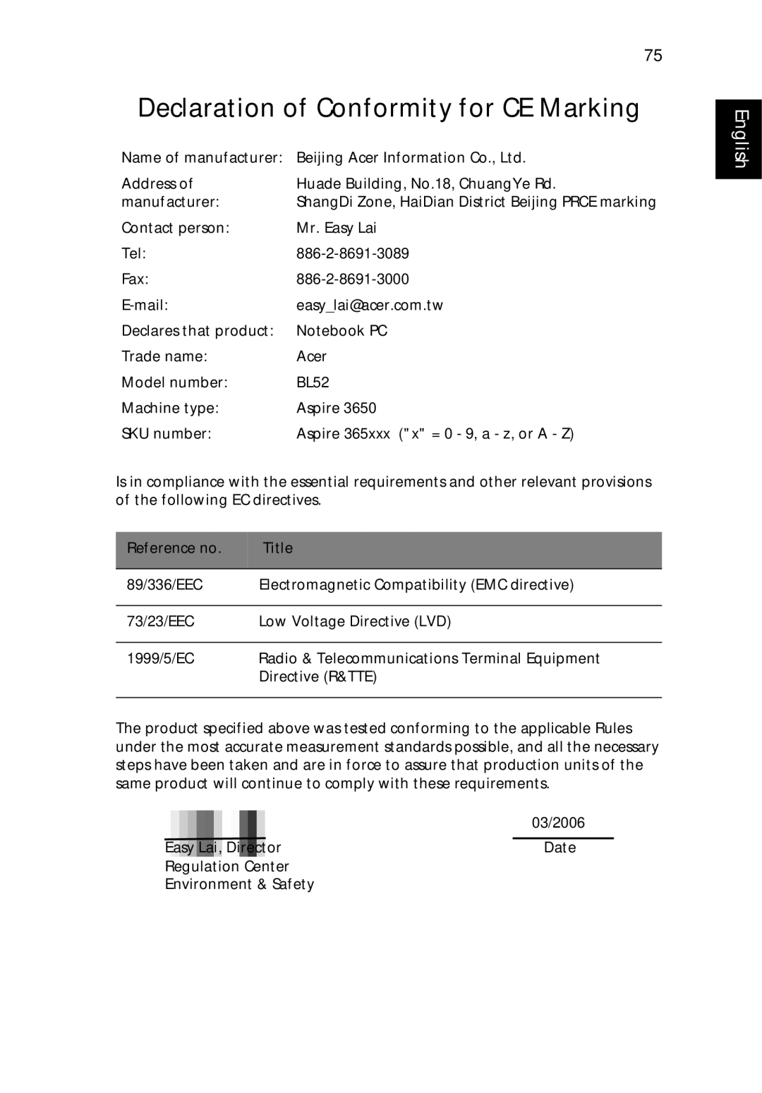 Acer 3650 manual Declaration of Conformity for CE Marking 