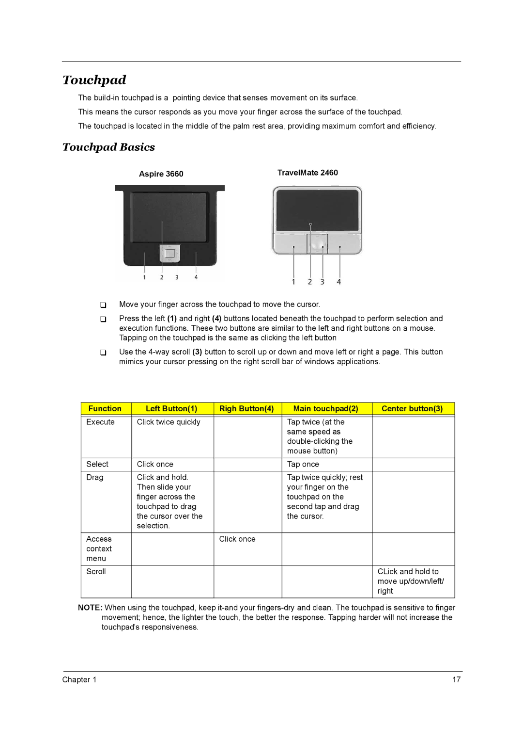 Acer 3660 manual Touchpad Basics 