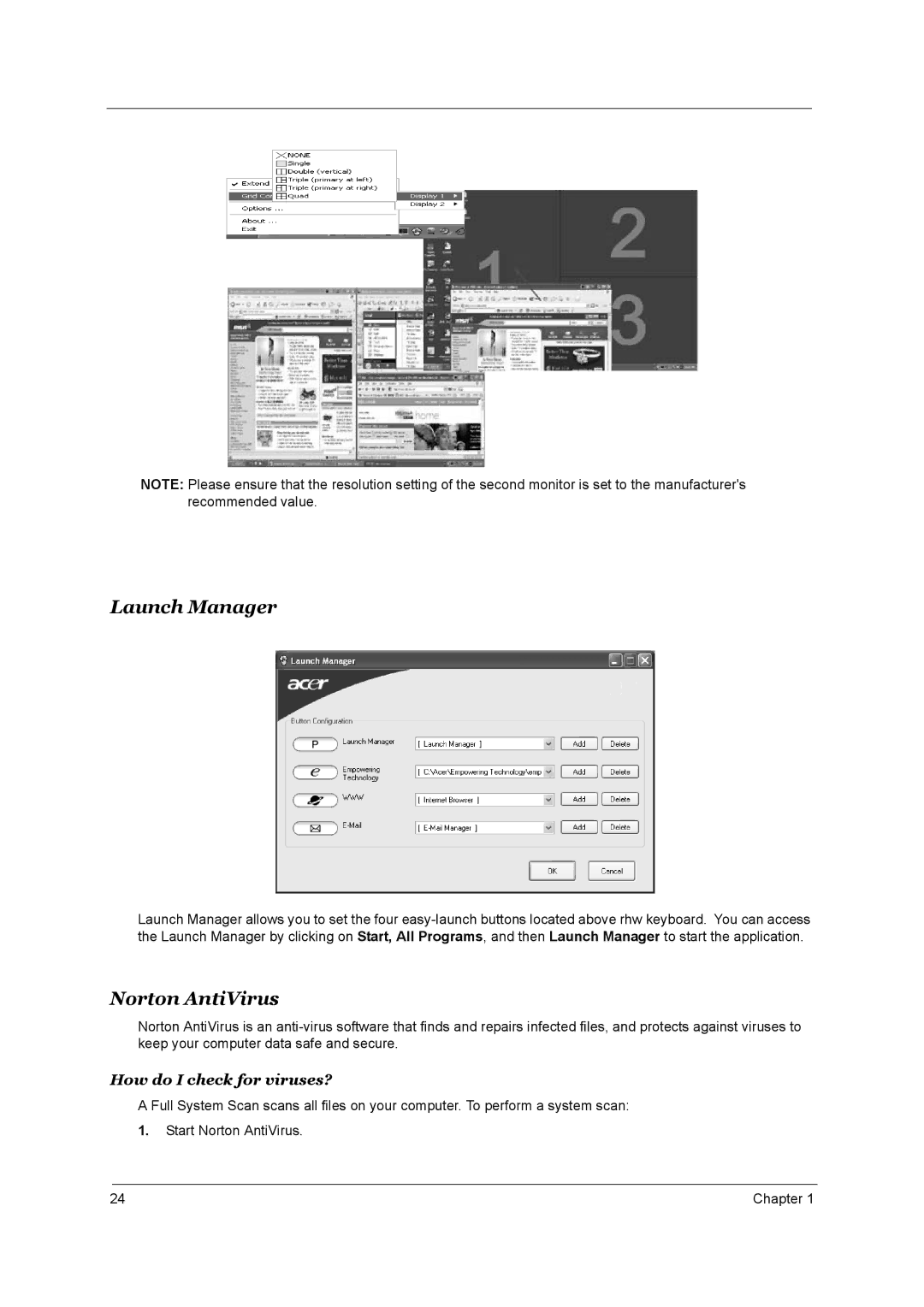 Acer 3660 manual Launch Manager, Norton AntiVirus, How do I check for viruses? 