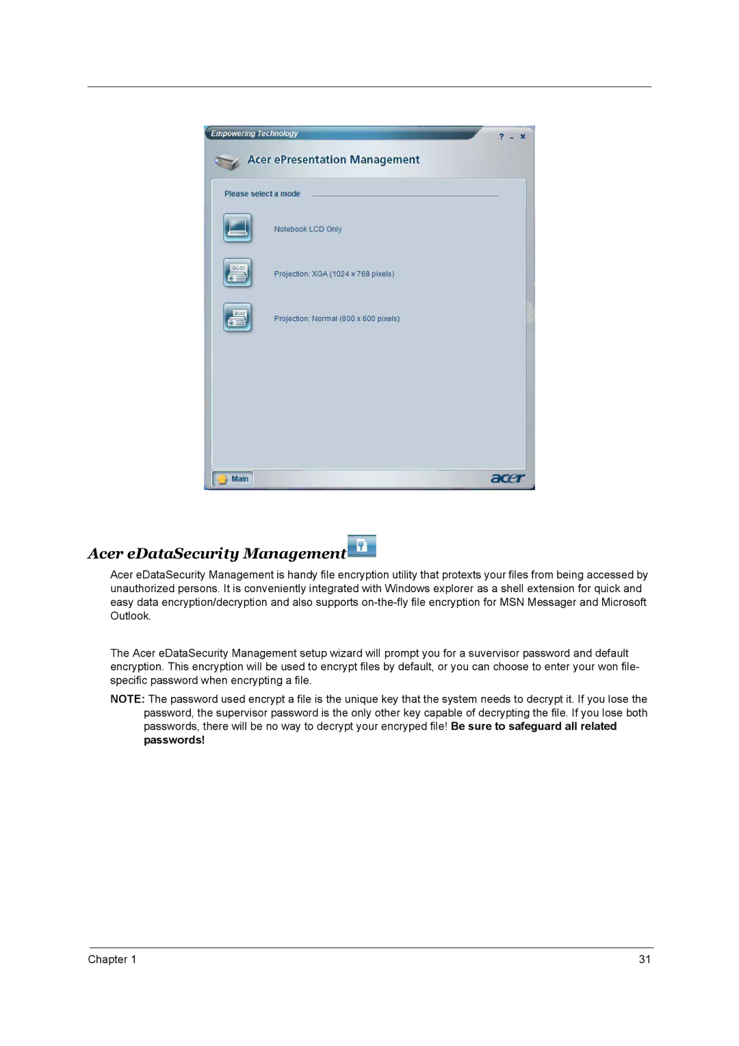 Acer 3660 manual Acer eDataSecurity Management 