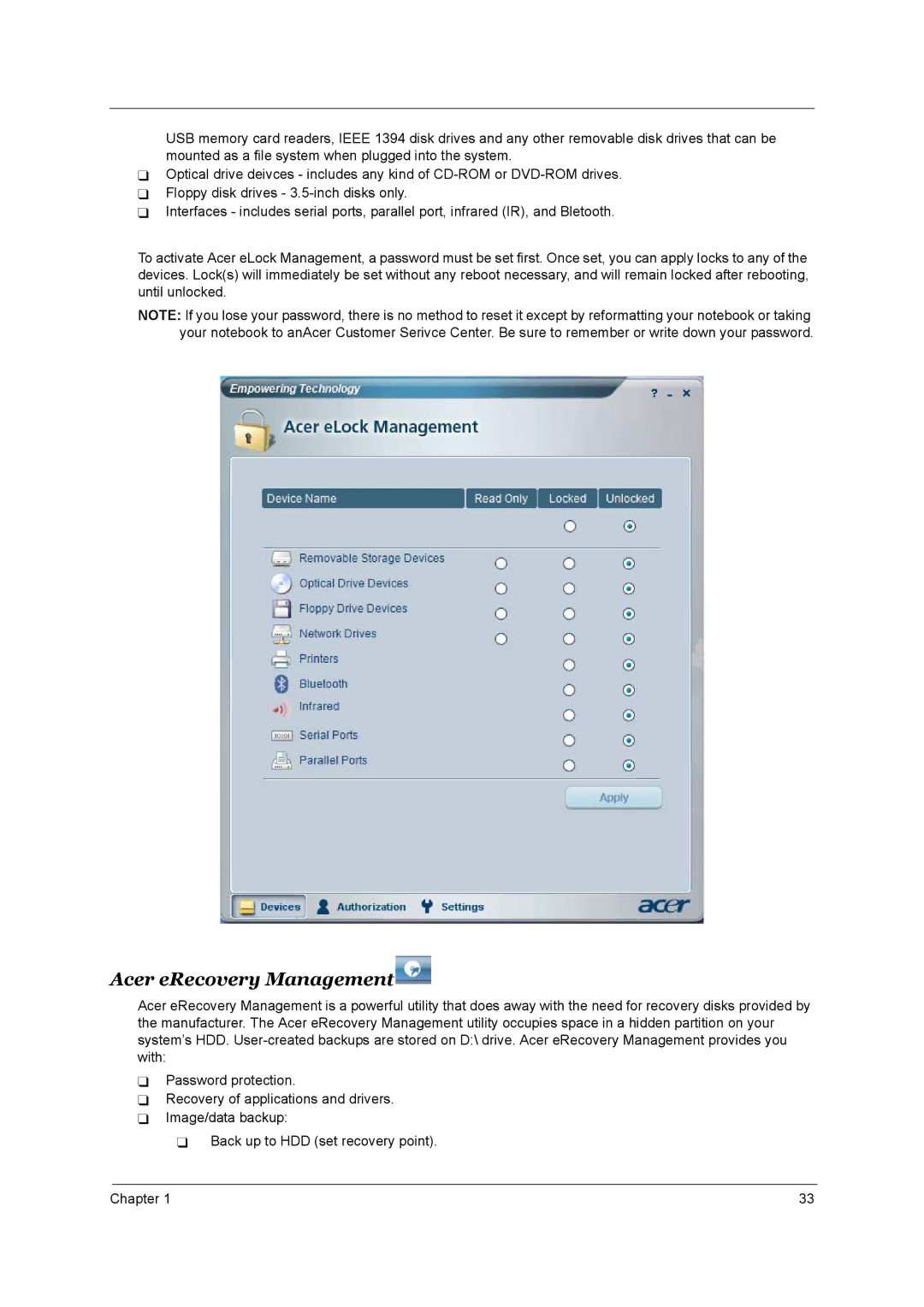 Acer 3660 manual Acer eRecovery Management 