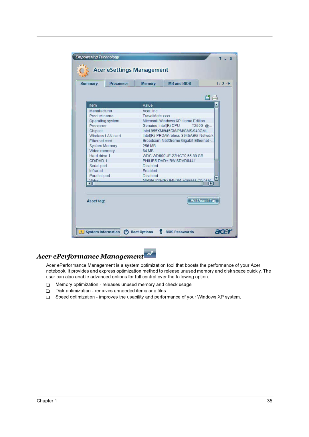 Acer 3660 manual Acer ePerformance Management 