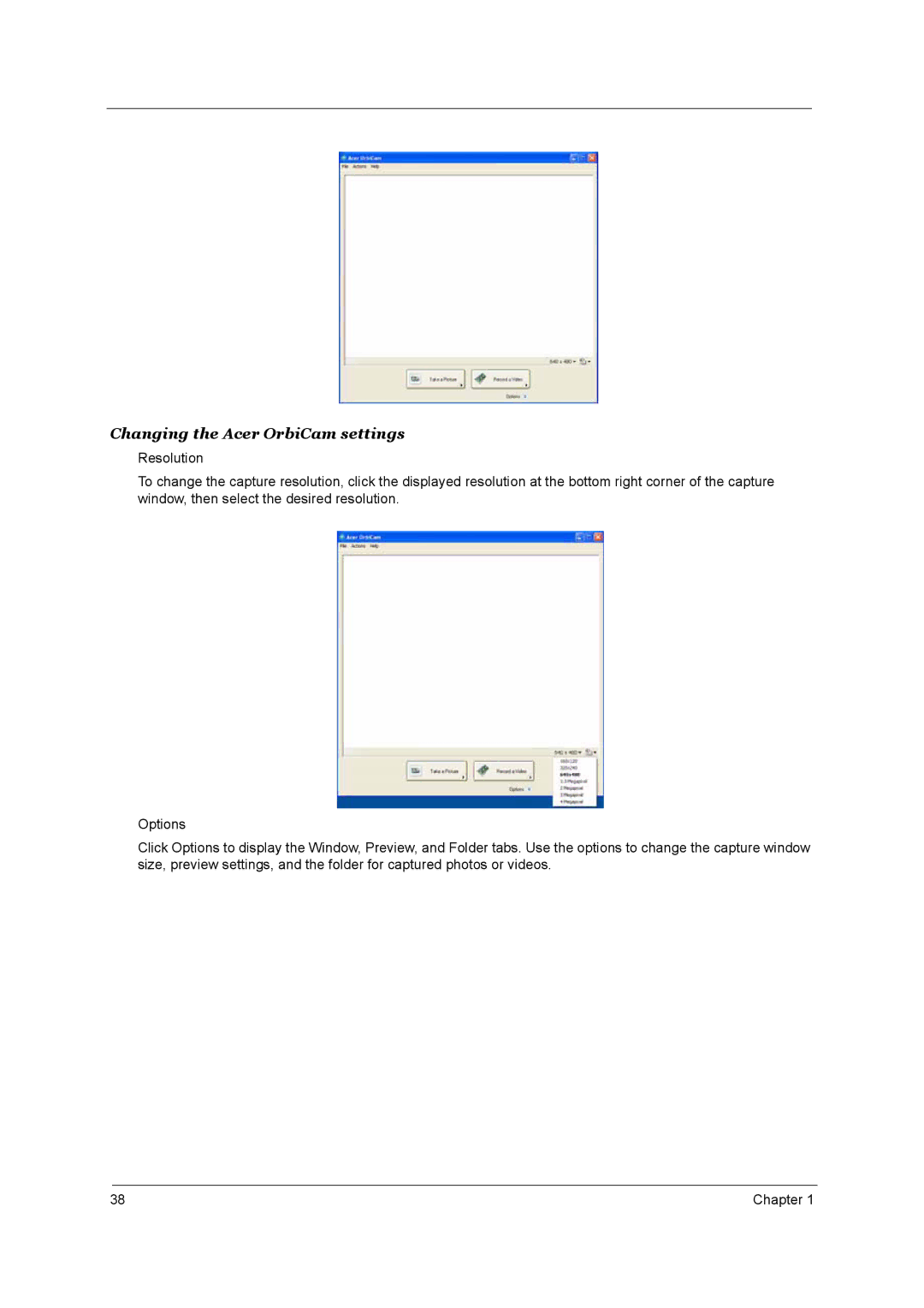 Acer 3660 manual Changing the Acer OrbiCam settings 