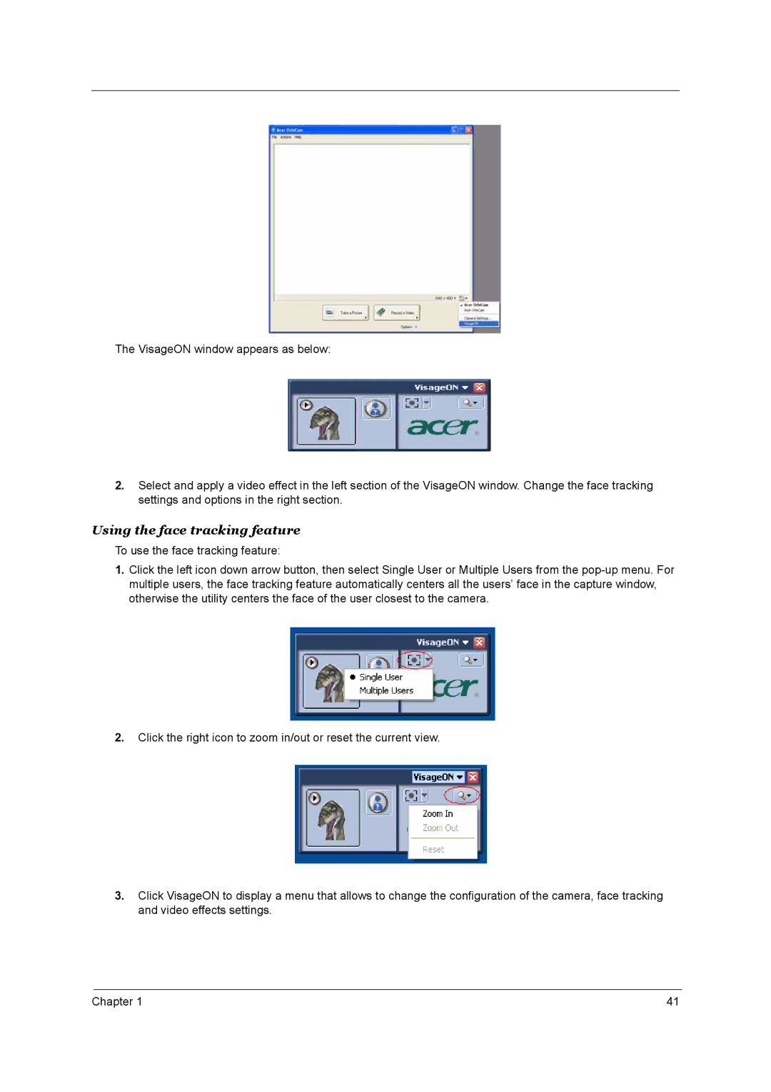 Acer 3660 manual Using the face tracking feature 