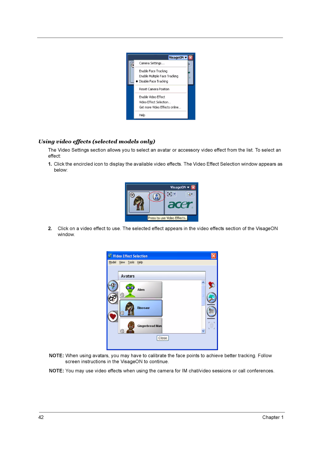 Acer 3660 manual Using video effects selected models only 