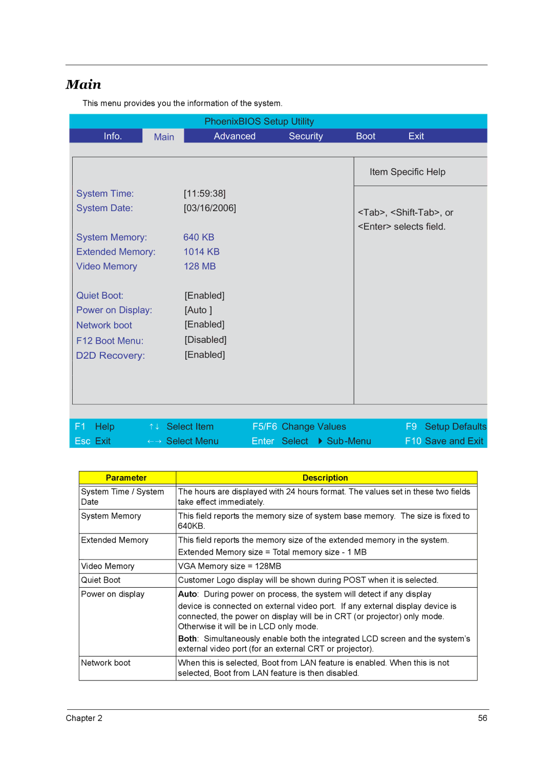 Acer 3660 manual Main, Advanced Security Boot Exit 