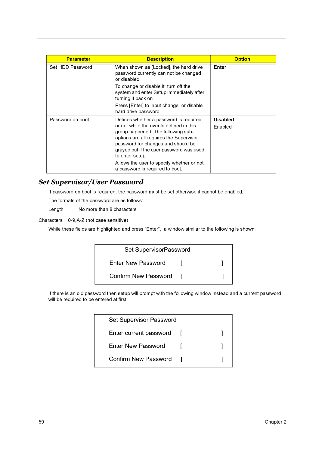 Acer 3660 manual Set Supervisor/User Password, Enter, Disabled 