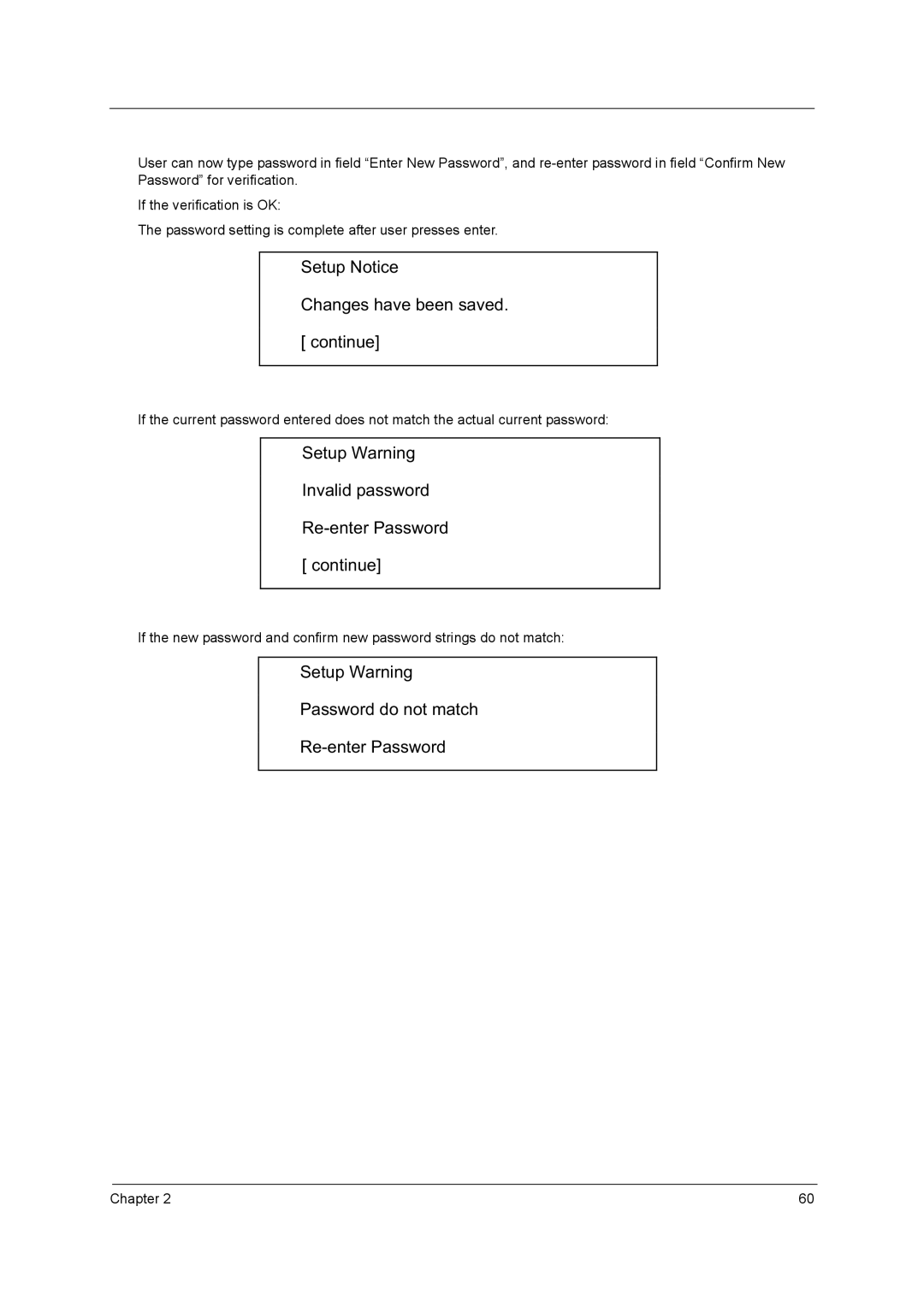 Acer 3660 manual Setup Notice Changes have been saved Continue 