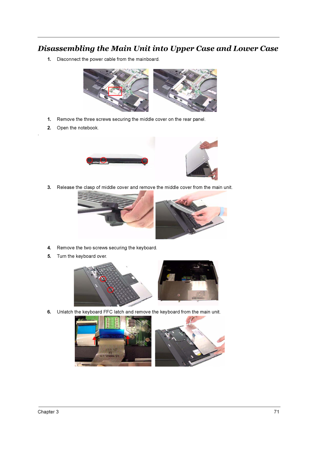 Acer 3660 manual Disassembling the Main Unit into Upper Case and Lower Case 