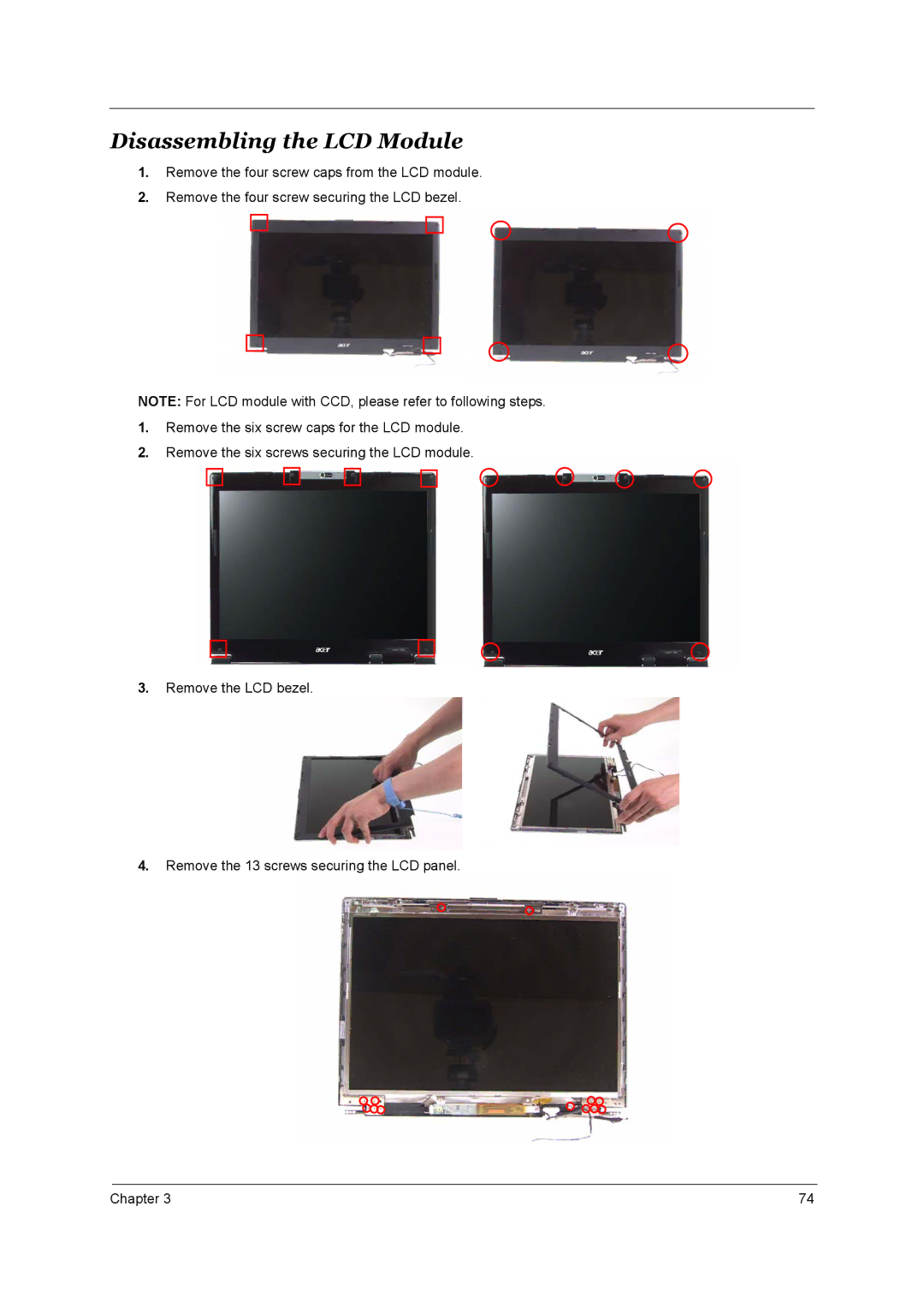 Acer 3660 manual Disassembling the LCD Module 