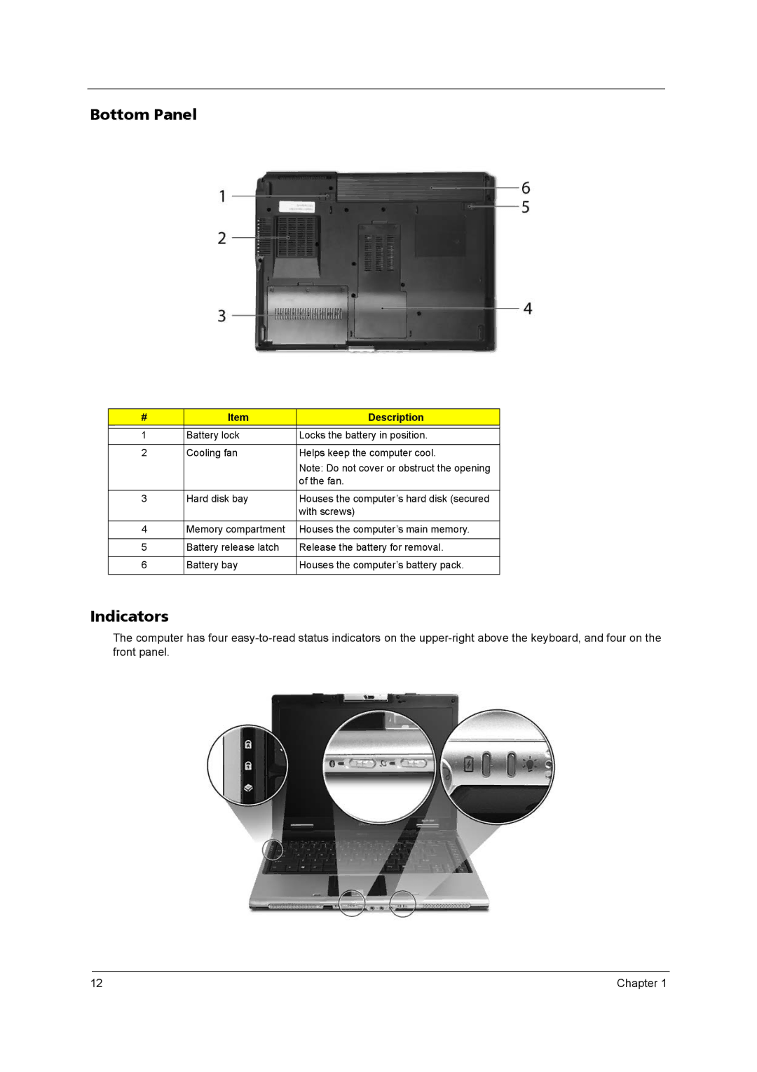 Acer 3670 manual Bottom Panel, Indicators 