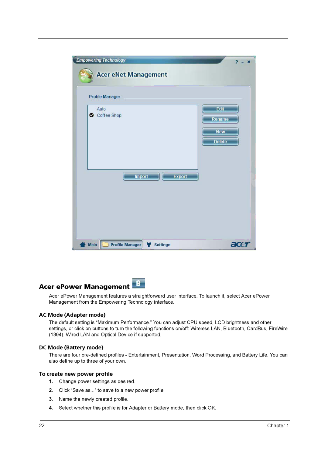 Acer 3670 manual Acer ePower Management, AC Mode Adapter mode 