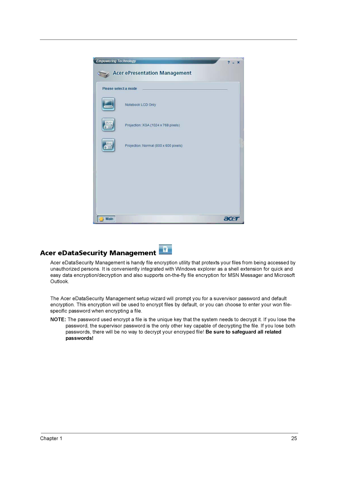 Acer 3670 manual Acer eDataSecurity Management 