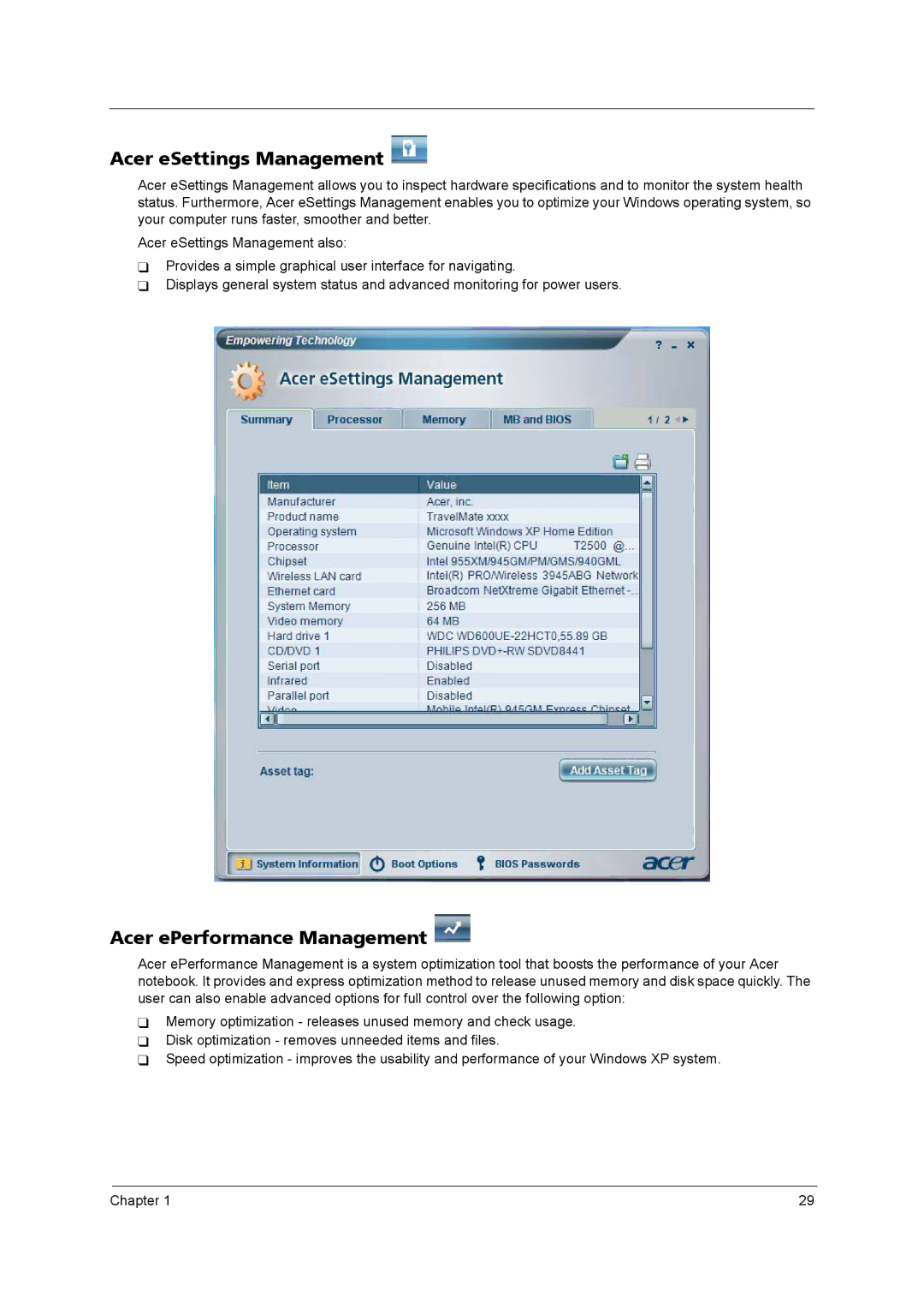 Acer 3670 manual Acer eSettings Management, Acer ePerformance Management 