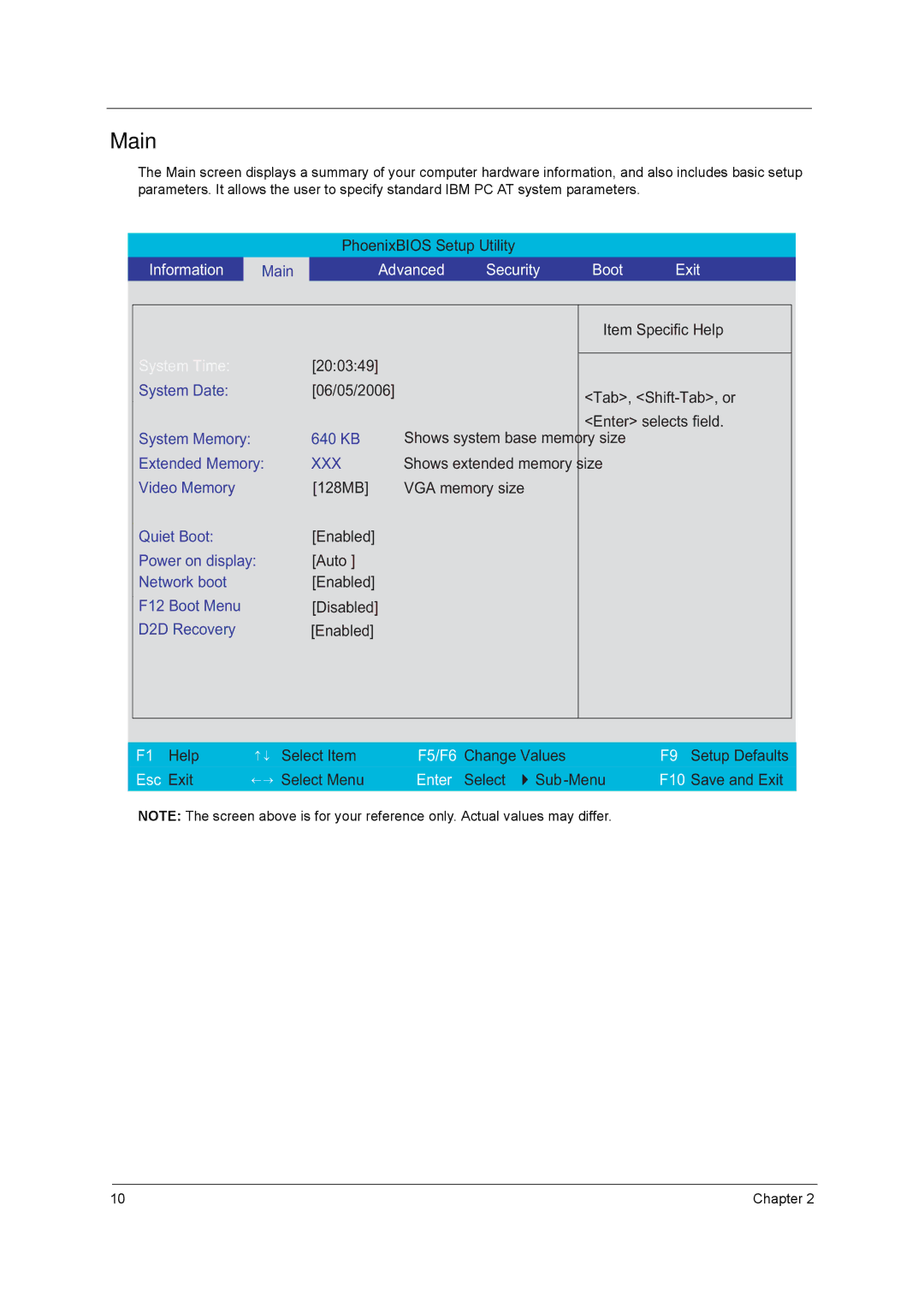 Acer 3670 manual Main, Advanced Security Boot Exit 