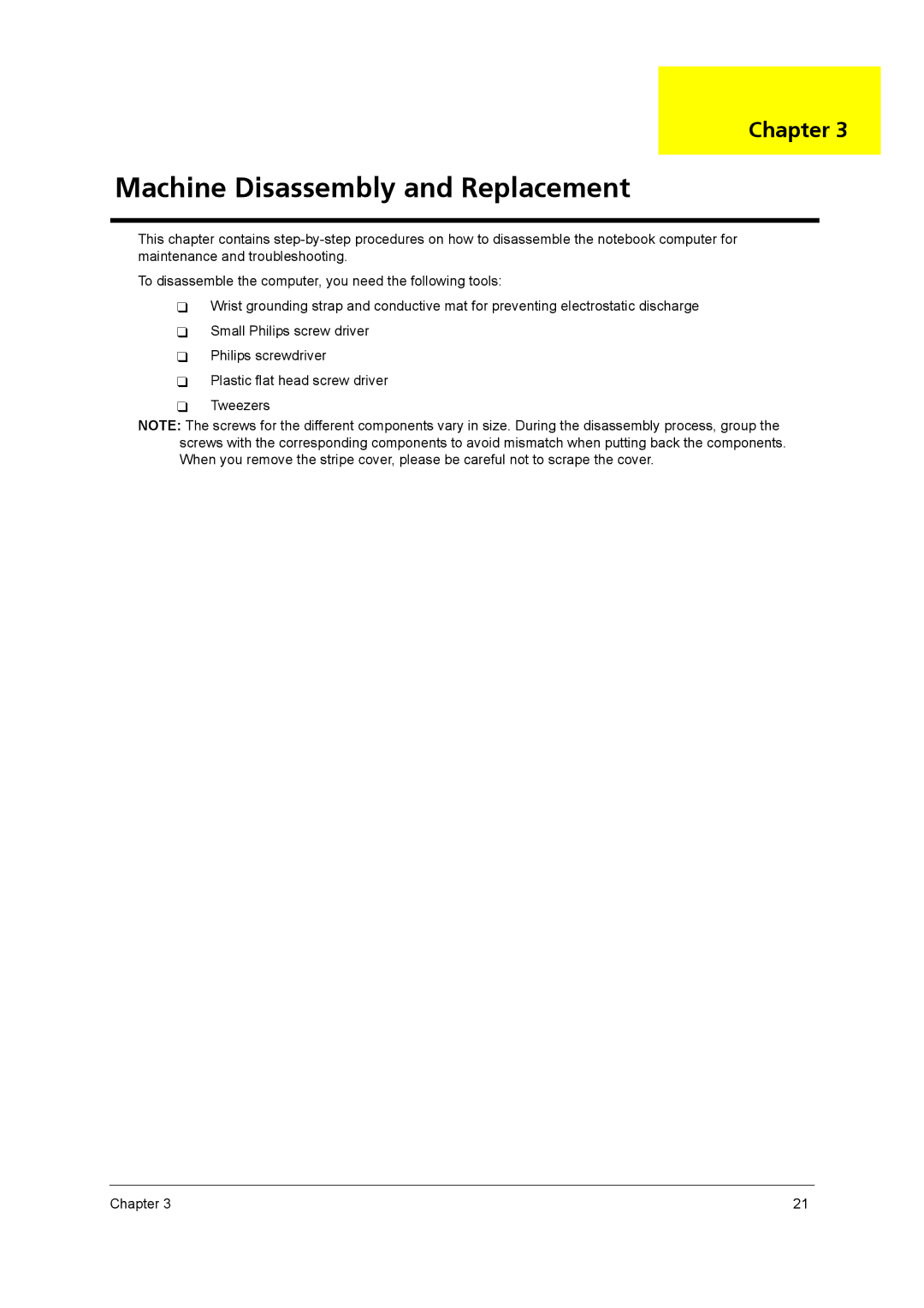 Acer 3670 manual Machine Disassembly and Replacement, Chapter 