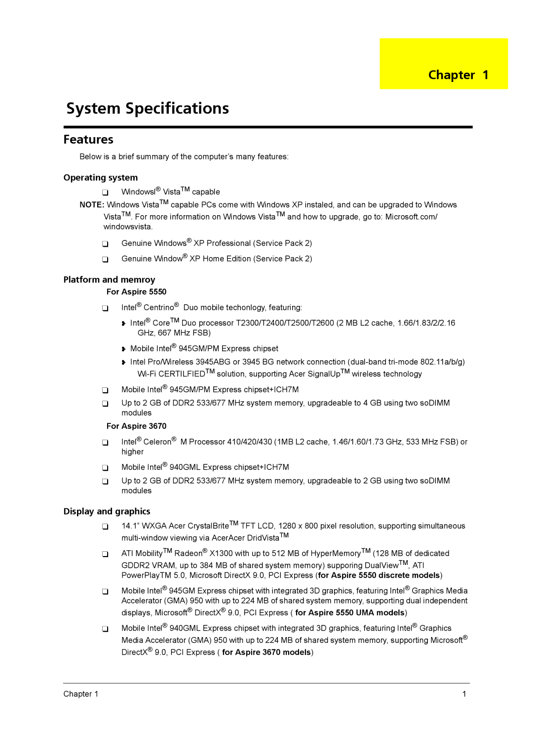 Acer 3670 manual System Specifications, Chapter, Features, For Aspire 